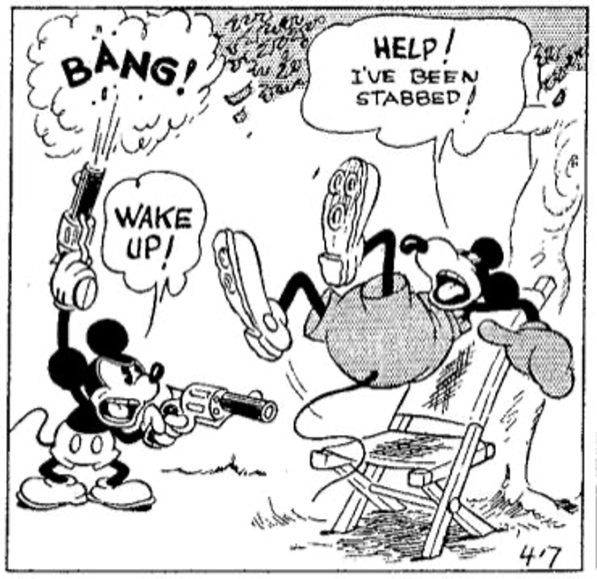 Mickey Mouse waking up his friend but shooting giant guns in the air