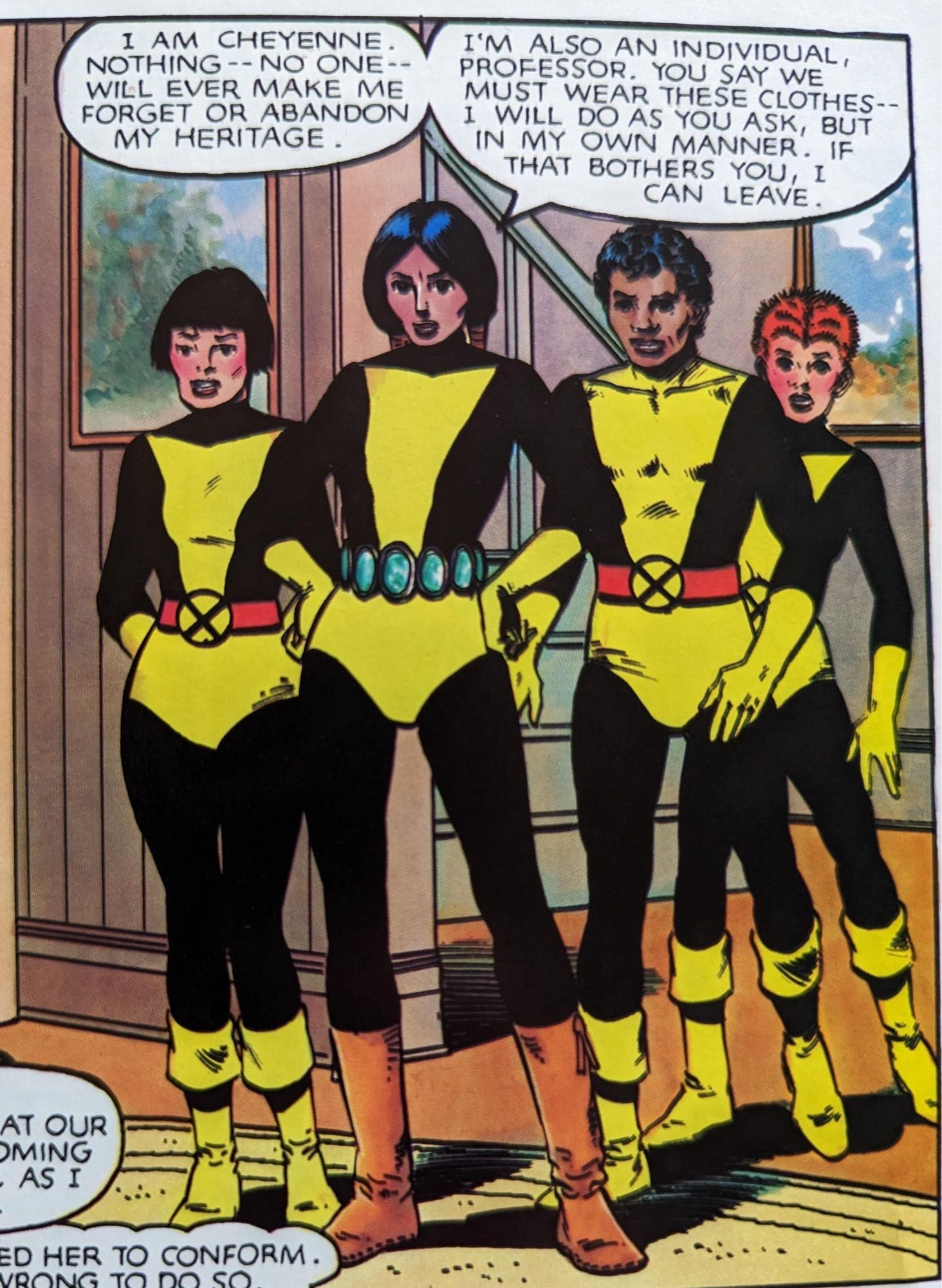 Bob McLeod, artist of the New Mutants, depicts Karma, Mirage, Sunspot and Wolfsbane. Mirage is reading Professor X the riot act