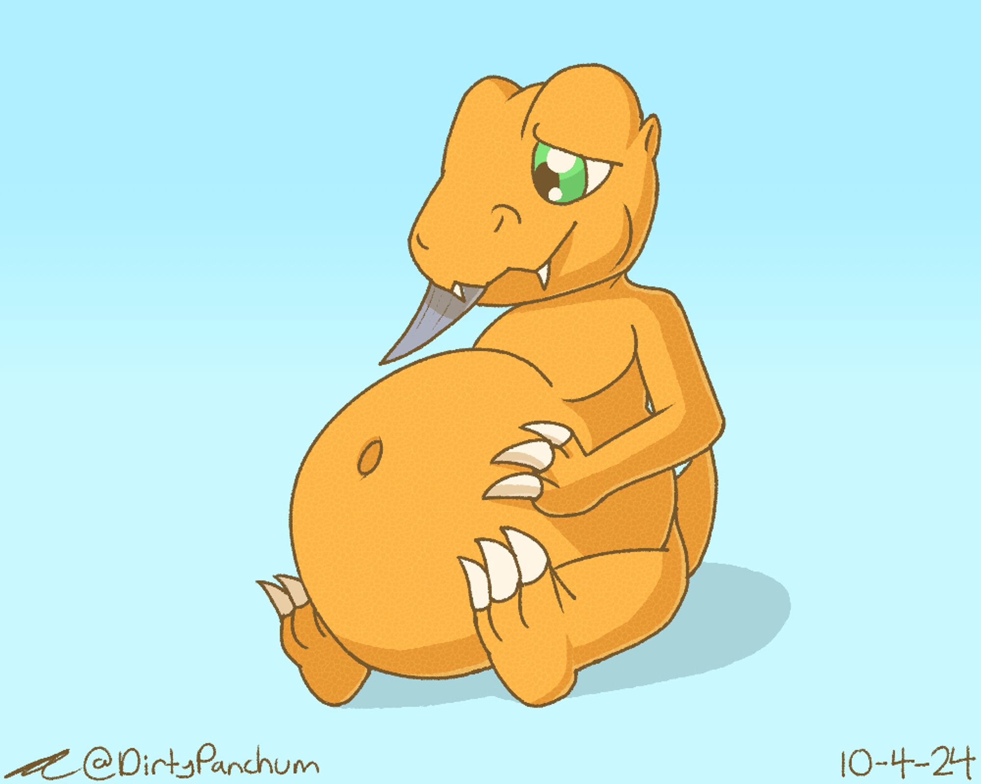 Agumon is seen with a fish stuck within his mouth, while he possesses an extremely large stomach.