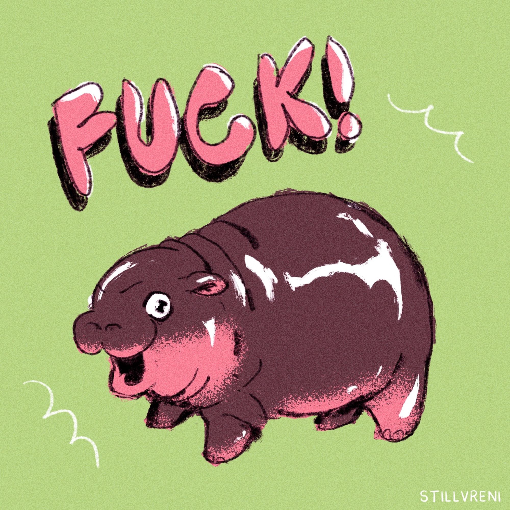 drawing of baby pygmy hippo moo deng looking distressed and yelling FUCK!