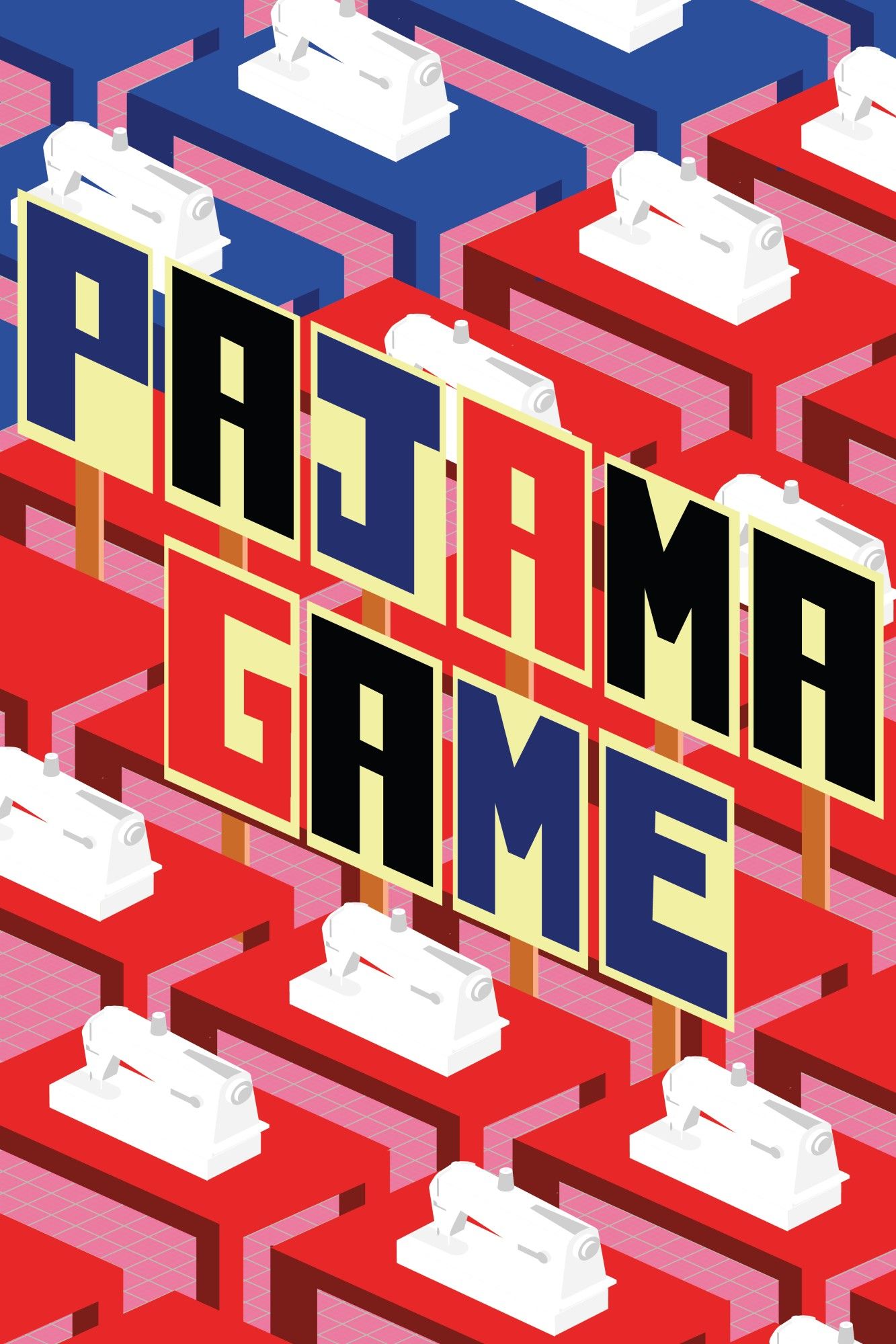 very early draft of poster for The Pajama Game.
an isometric view of a grid of tables, most of them are red, but in the top corner there are blue. each one has a sewing machine on it. in the center, there are picket signs, each has a letter of "PAJAMA GAME"