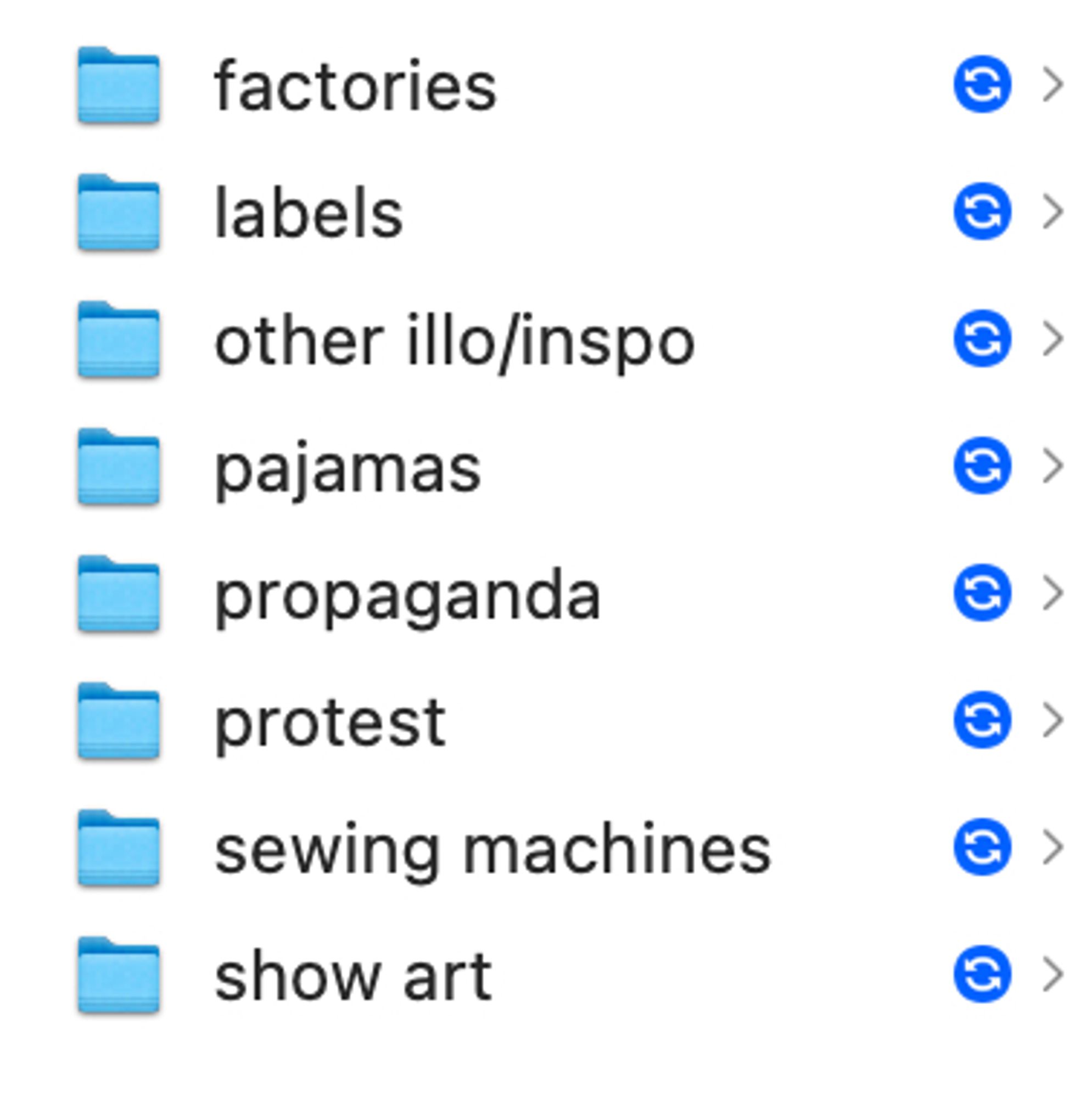 screenshot of file folders labeled:
 factories
 labels
 other illo/inspo
 pajamas
 propaganda
 protest
 sewing machines
 show art