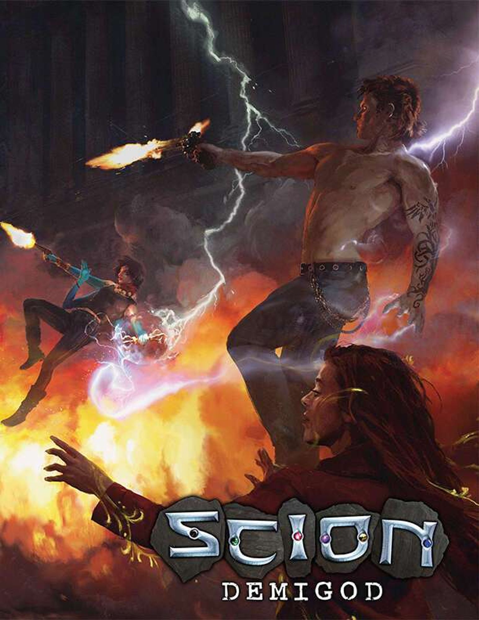 Three Scions float in the air as flames burn around them. Left to right they are, a woman in black boots, pants, and halter top with four green arms, firing a pistol, a red-haired man with lightning reminiscent of wings emanating from his shoulders, firing a pistol, and a woman in red robes with long red hair. Yellow flecks of energy dance from her hands and forehead in a paisley pattern. Text reads Scion Demigod