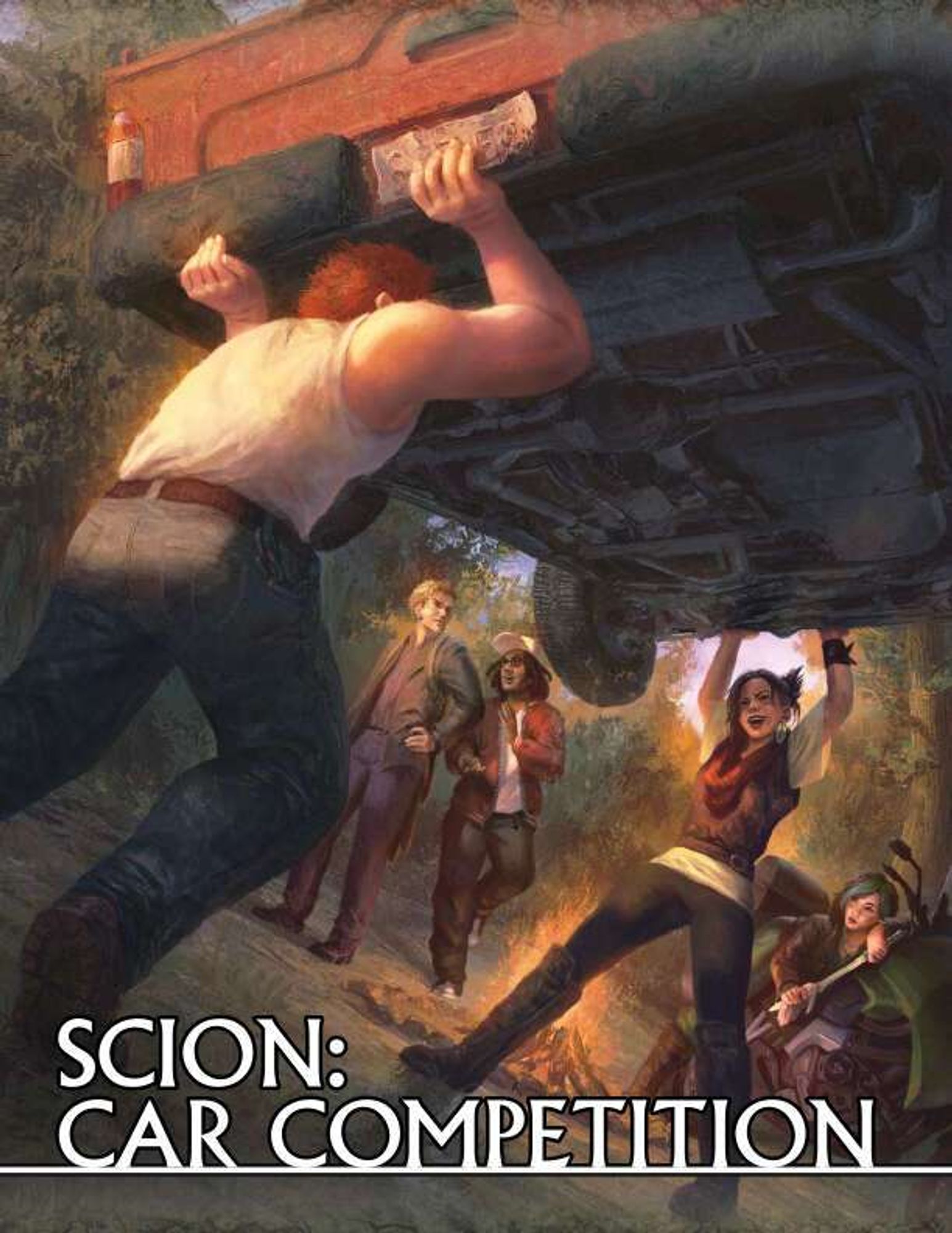 A red-haired man in a sleeveless white shirt and a woman in knee high boots, a vest, and a baggy white blouse lift a car over their heads. Text reads Scion: Car Competition