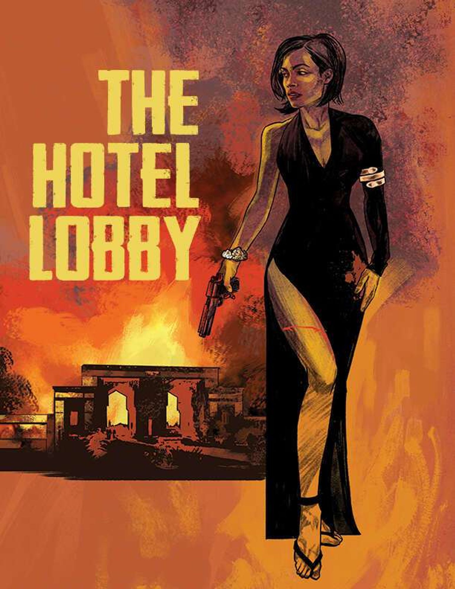 A woman in a sleek black dress with a high thigh slit holding a pistol stands before a plume of smoke on an orange background. Text reads The Hotel Lobby