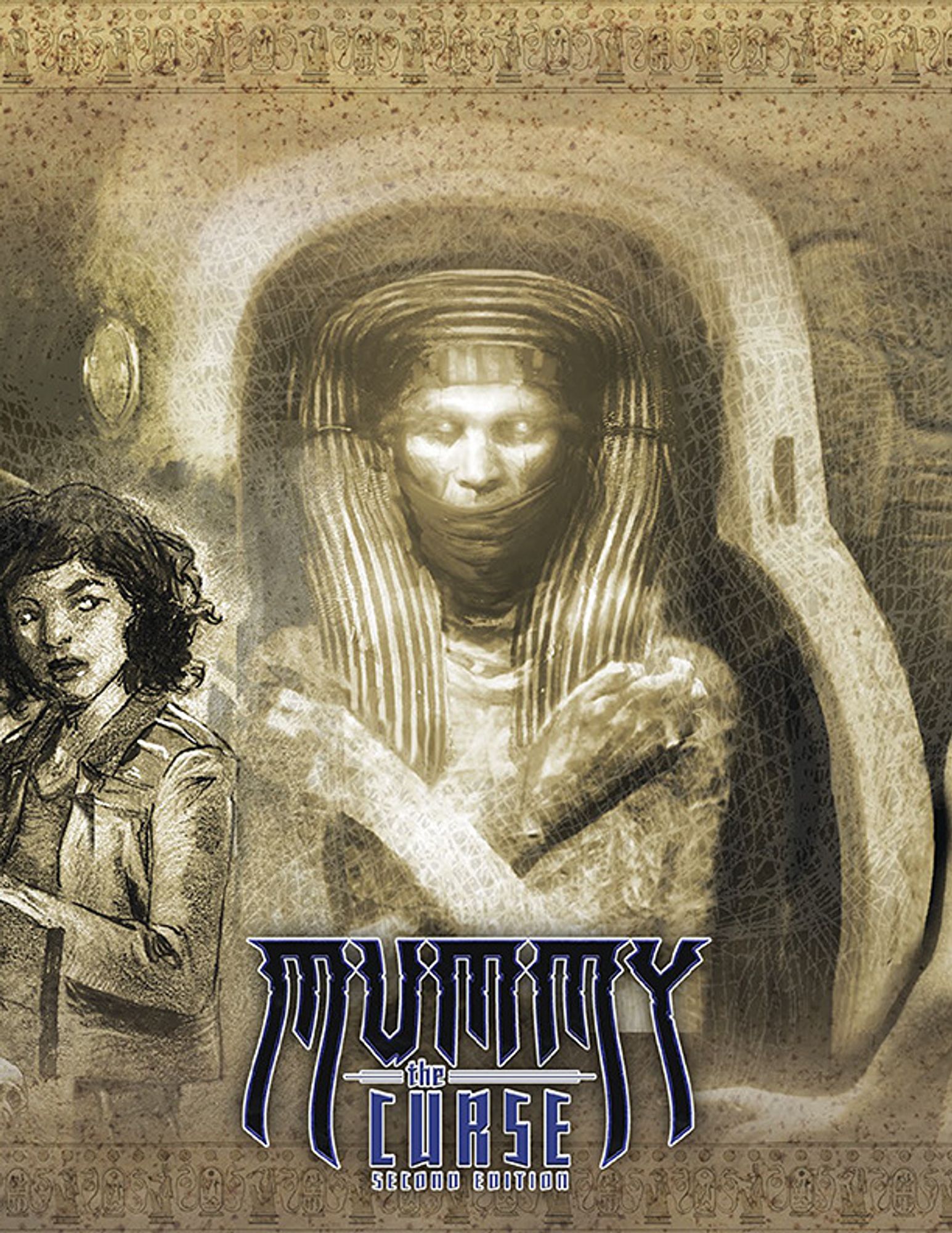 On a golden field of sand a mummy stands in a sarcophagus. To the side a woman in modern attire looks over her shoulder to the mummy. Text reads Mummy the Curse Second Edition