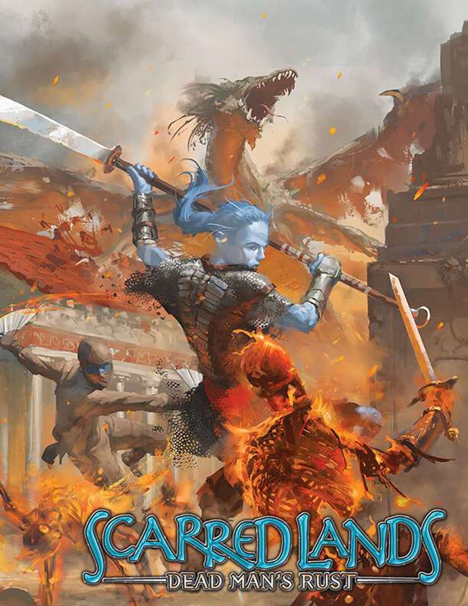 On a burning city street, a hollow legionnaire woman wields a halberd in battle with flaming skeletons. Behind her another legionnaire dressed in stillsleeve armor wields a war fan in each hand. Text reads Scarred Lands Dead Man's Rust