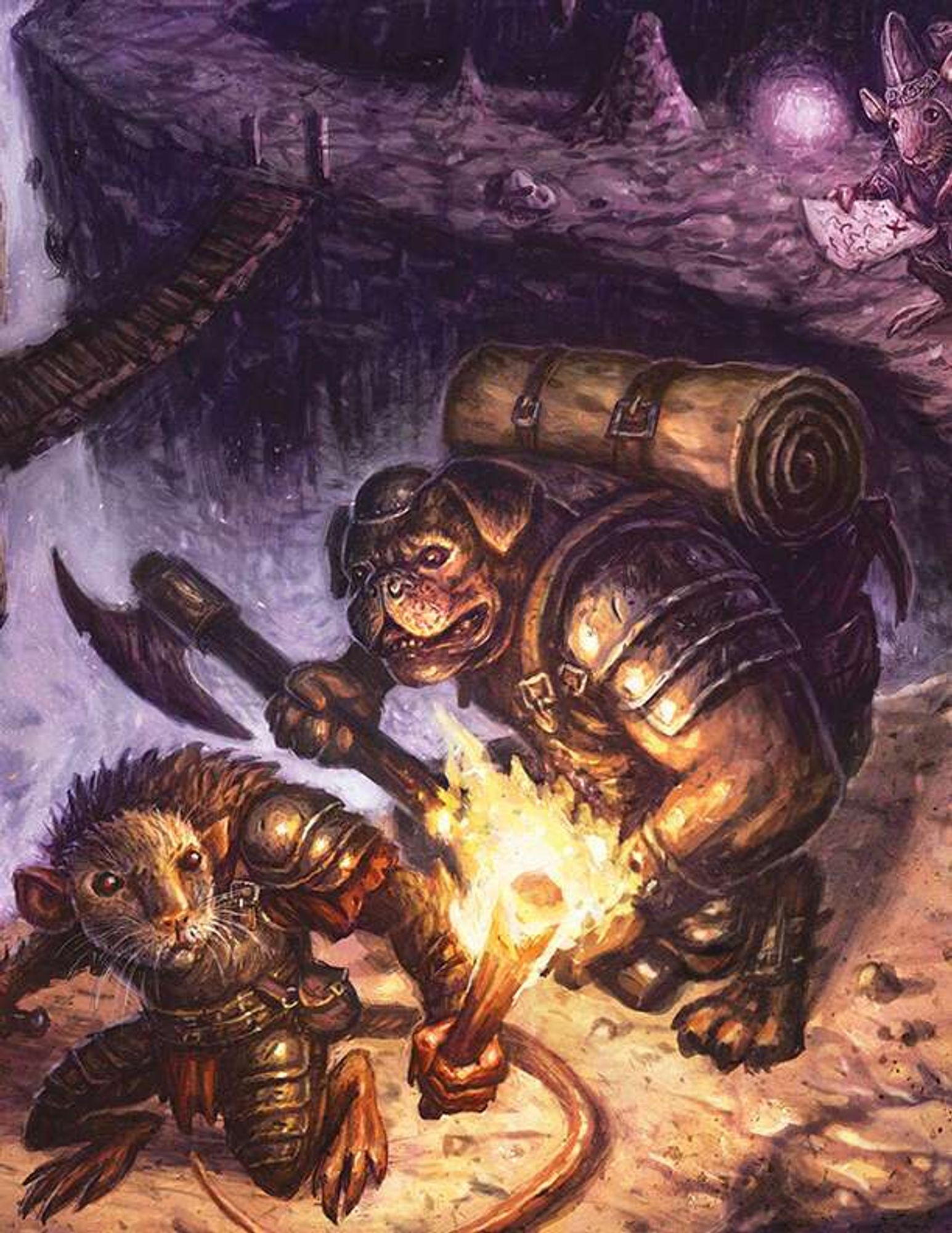 Three adventurers navigating a narrow platform in an underground cavern. They are from front to back an anthropomorphic rat, an anthropomorphic dog, and an anthropomorphic mouse. All are dressed in fantasy adventurer garb.