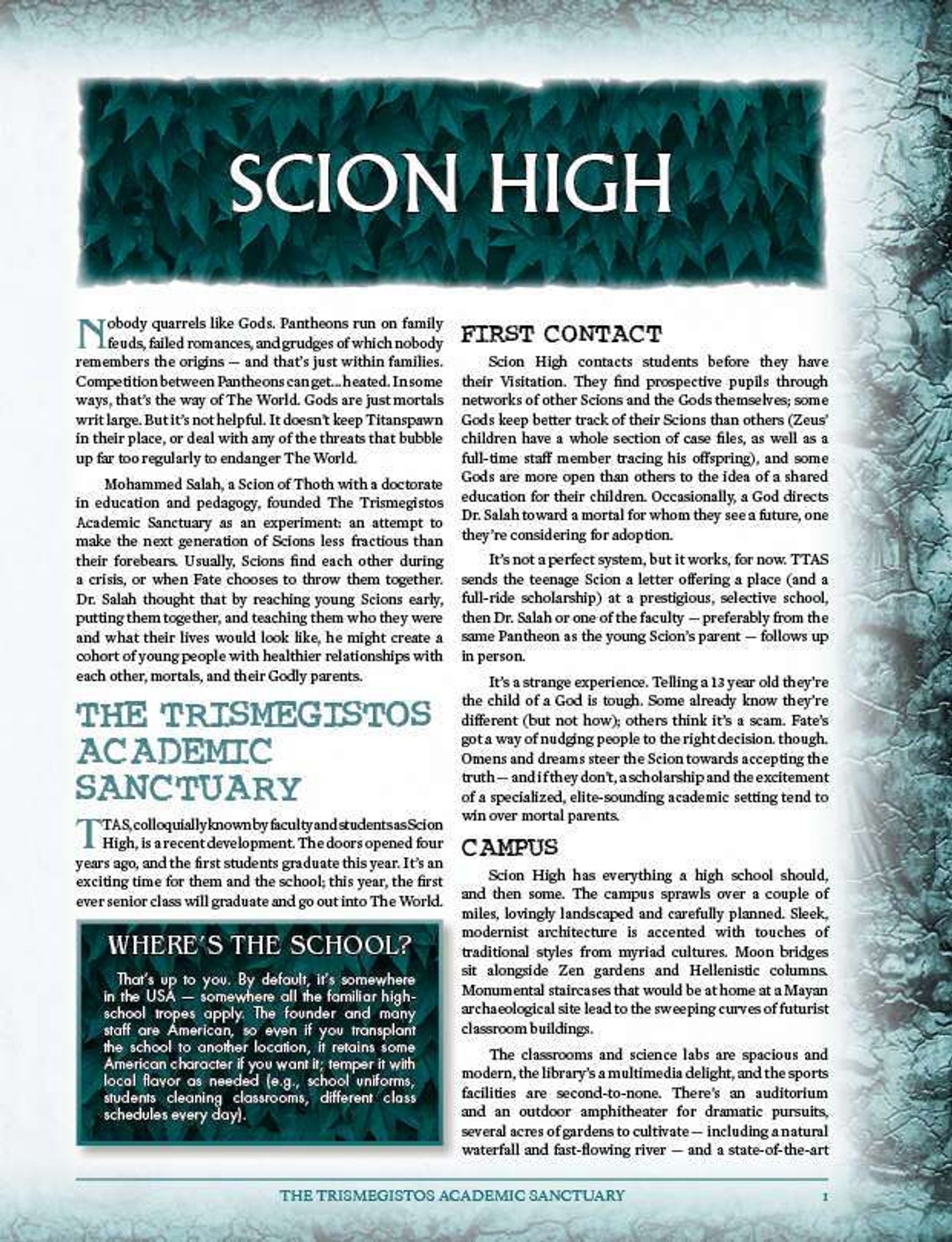 A book page with green border and background and the words Scion High in large white lettering. The rest of the page is covered with text.