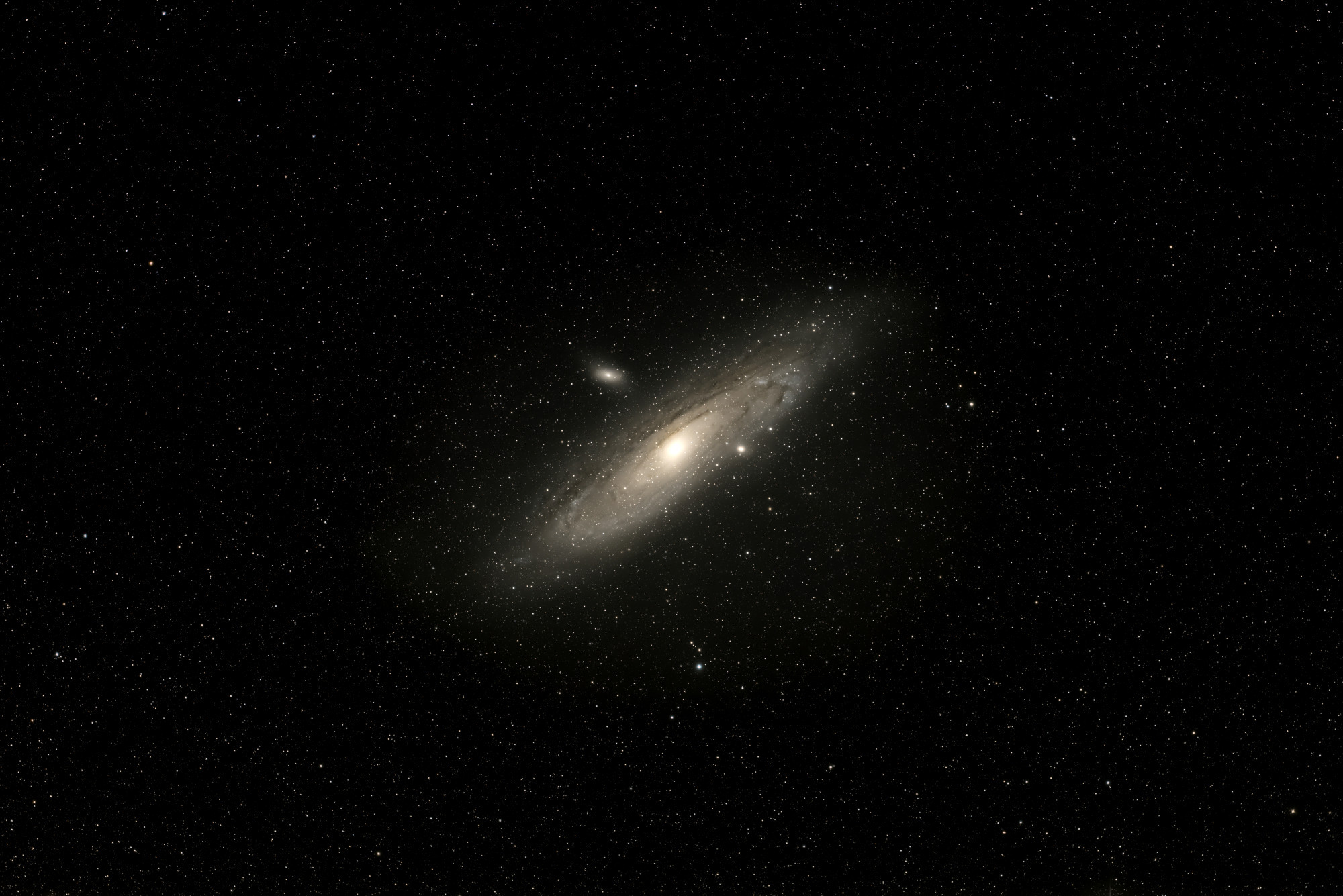 Huge bright galaxy with lots of dust lanes visible in the shot