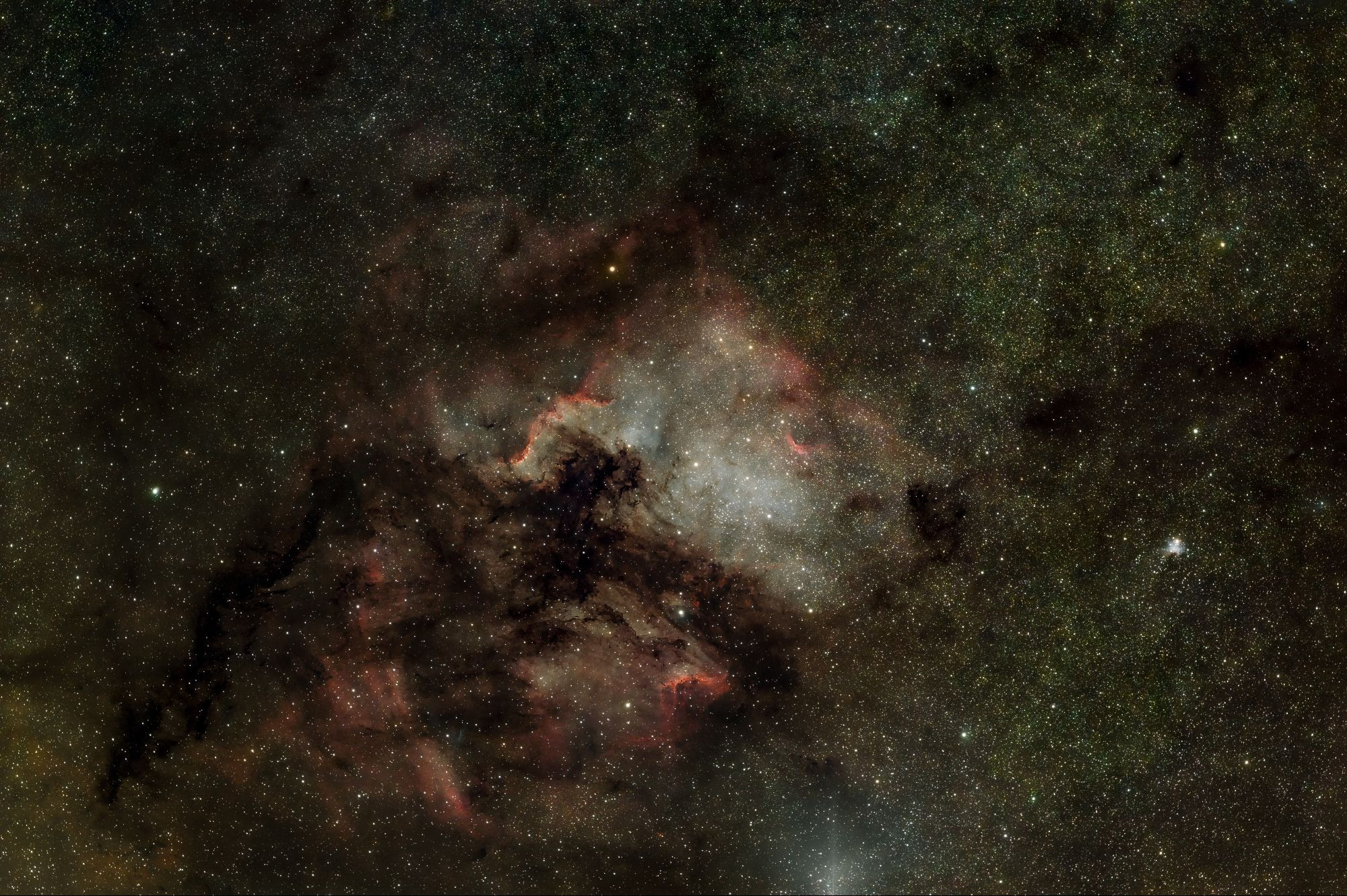 North America nebula. Lots of red colored gas & dark dust lanes. It supposedly resembles the continent of North America but I don't really see it.