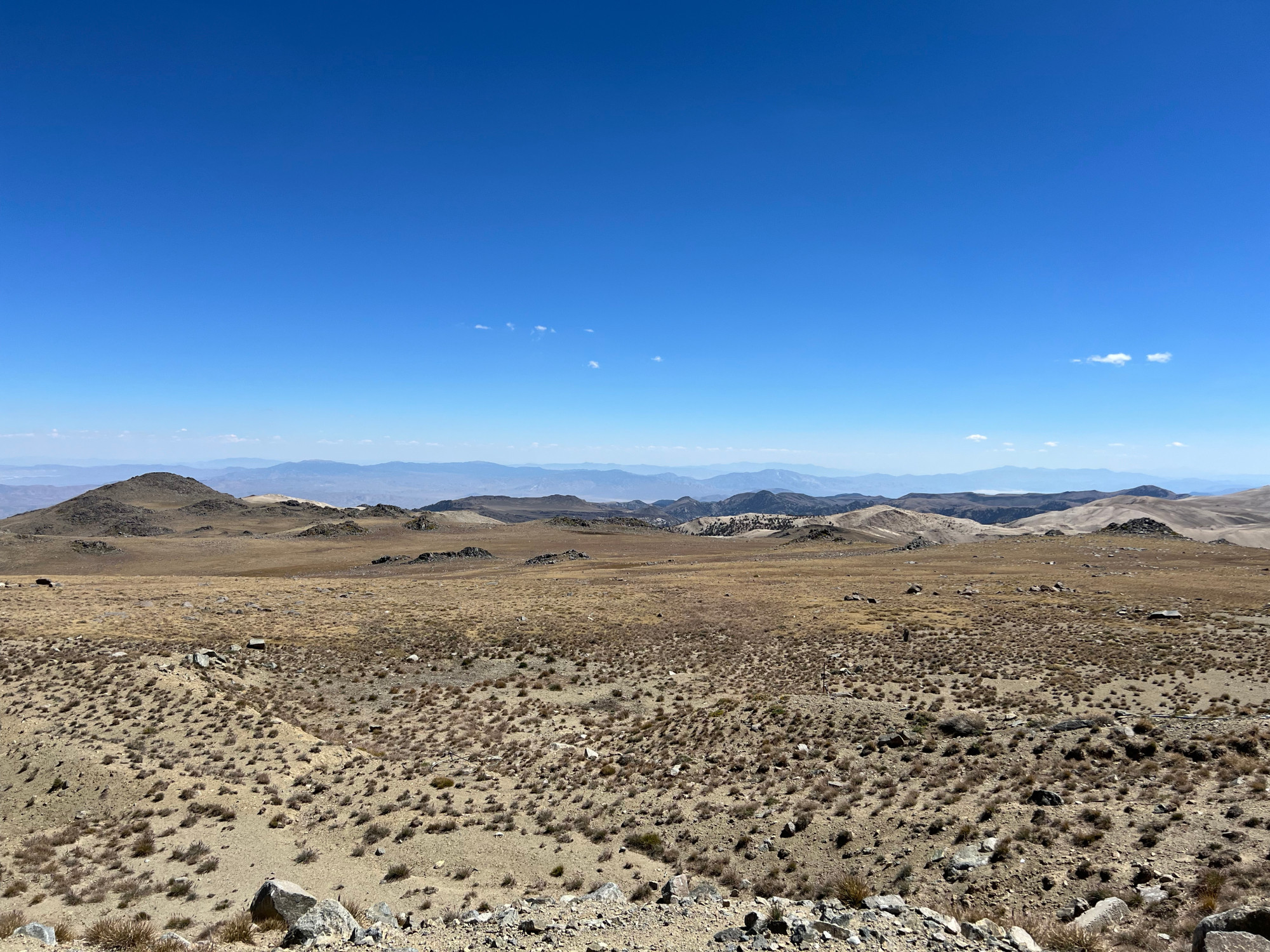 The landscape at the top of the mountain. Very desert-like with small shrubs.