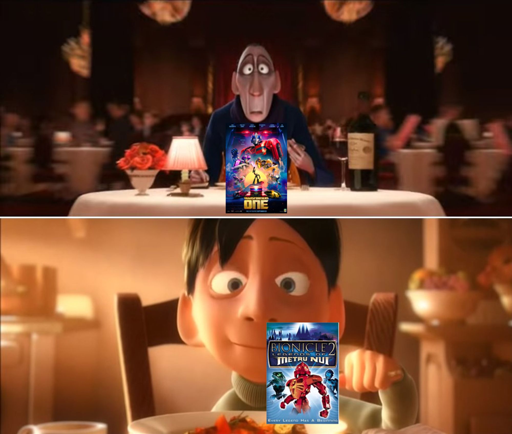 Meme format using the scene from Ratatouille where Anton Ego trying Remy's ratatouille and having a flashback to his mother's cooking during his childhood.

Remy's Ratatouille is replaced by the poster for Transformers One, and Anton Ego's mother's cooking in the flashback is replaced by the poster for Bionicle 2: Legends of Metru Nui