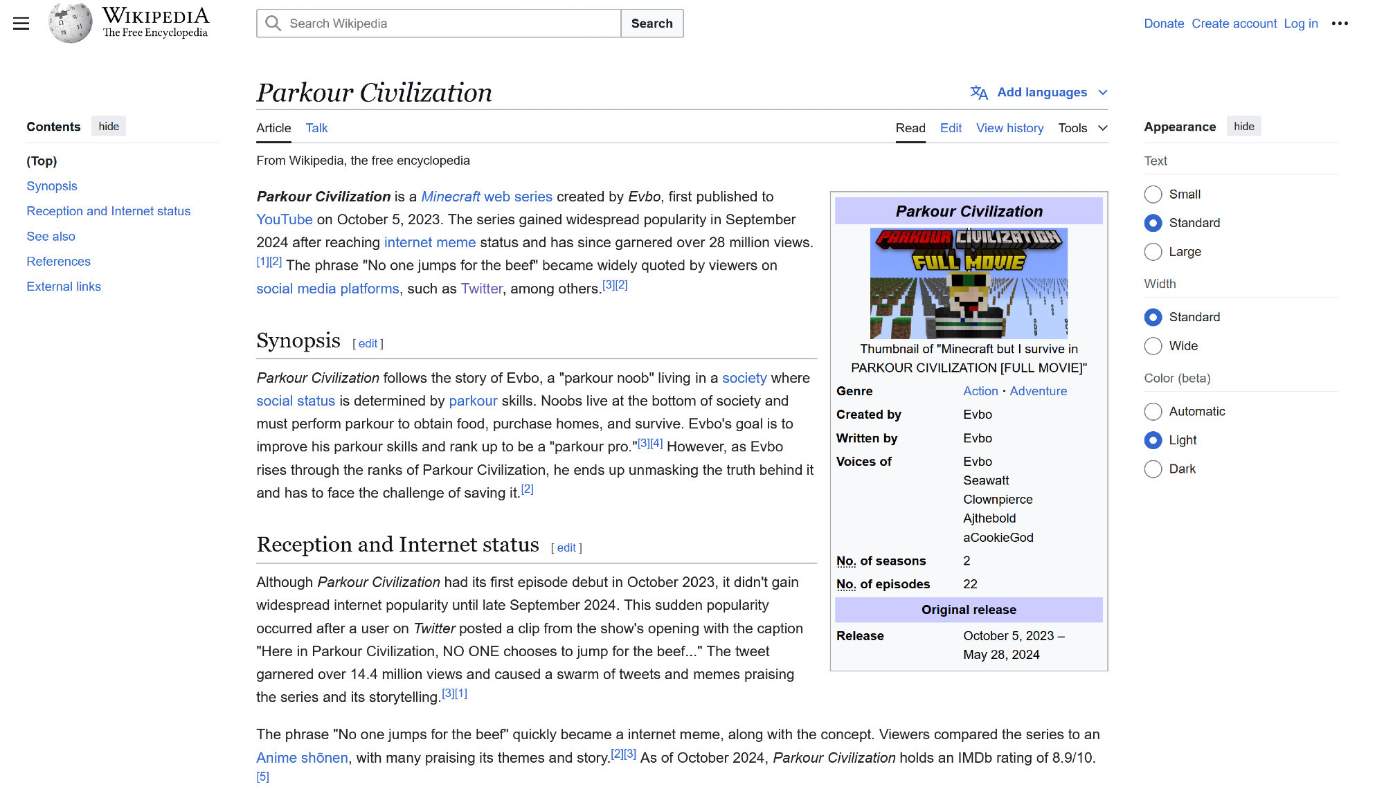 Screenshot of the Wikipedia article for Parkour Civilization.

Yes, really.