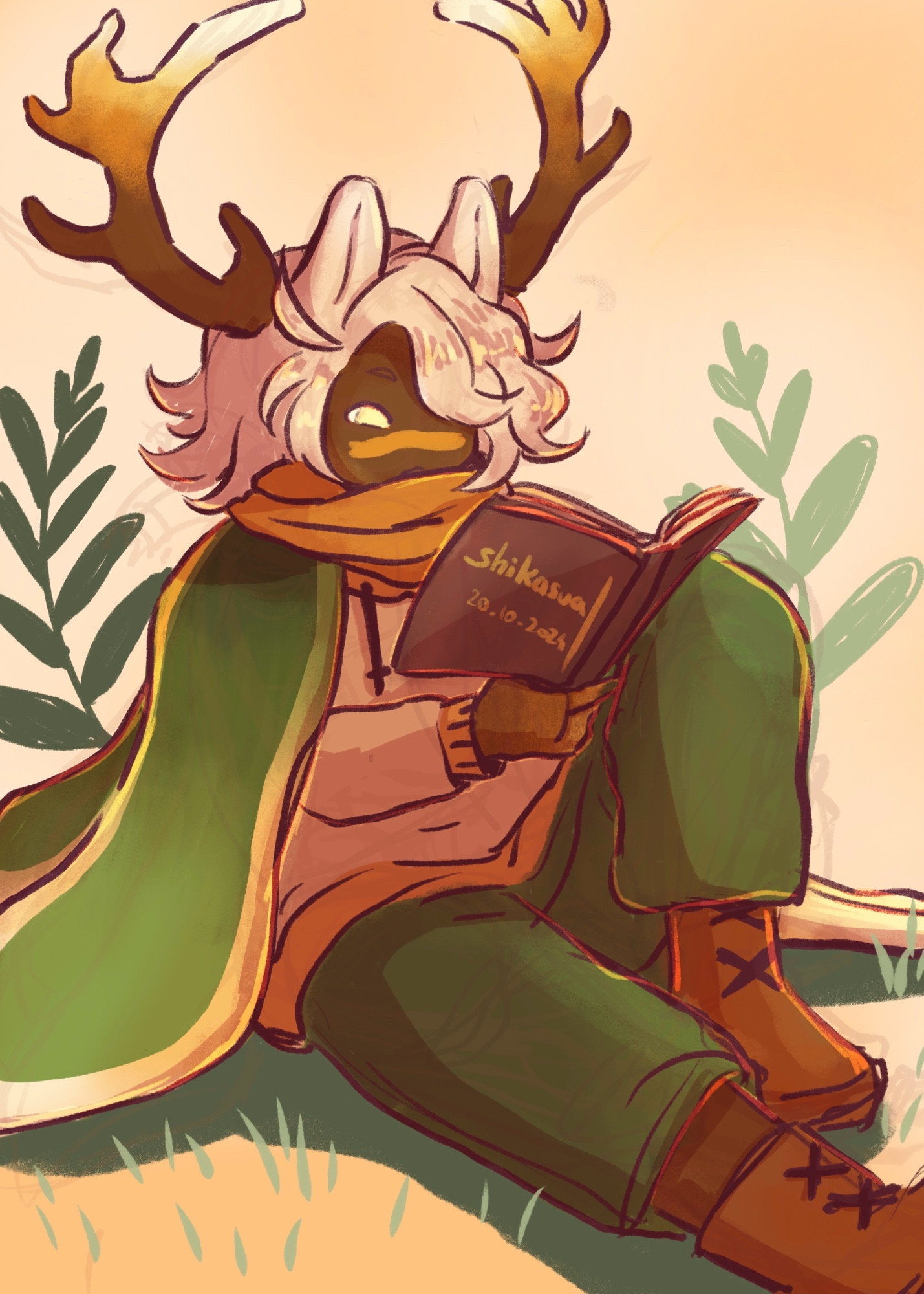 Colored digital doodle of a player character from Sky Children of the Light, seated while reading a book. They have big antlers and cute animal ears at the top of their head, fluffy and short hair and wearing slightly oversized and comfy clothes. Their whole outfit has green and warm yellows. This is inspired by the newest emote available thanks to the Season of Moomin.