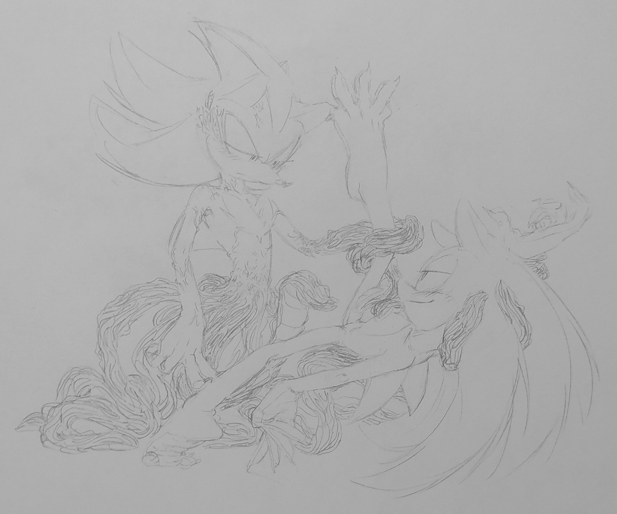 A mechanical pencil drawing of Sonic and Shadow.
Shadow is half transformed into his doom morph form.
Handling Sonic with the tentacles on the bottom of his body. Sonic is lying down, supported by Shadow's tentacles bellow his back and holding up his head. Another one of Shadow's tentacles is wrapped around his right arm, holding his hand up.
Shadow is standing between Sonic's legs. Holding up Sonic's right leg with his left arm turned tentacle and teasing Sonic's left leg with his right hand, two fingers sliding down the blue hedgehog's leg.
Sonic is blushing and looking up at Shadow smugly, teasing the floor with his free left hand.
Shadow is looking down at him, eyes lidded and blushing.
One of Shadow's tentacles is waiting near Sonic's crotch.

You can probably guess what will happen next, they're basically kissing with their eyes already.