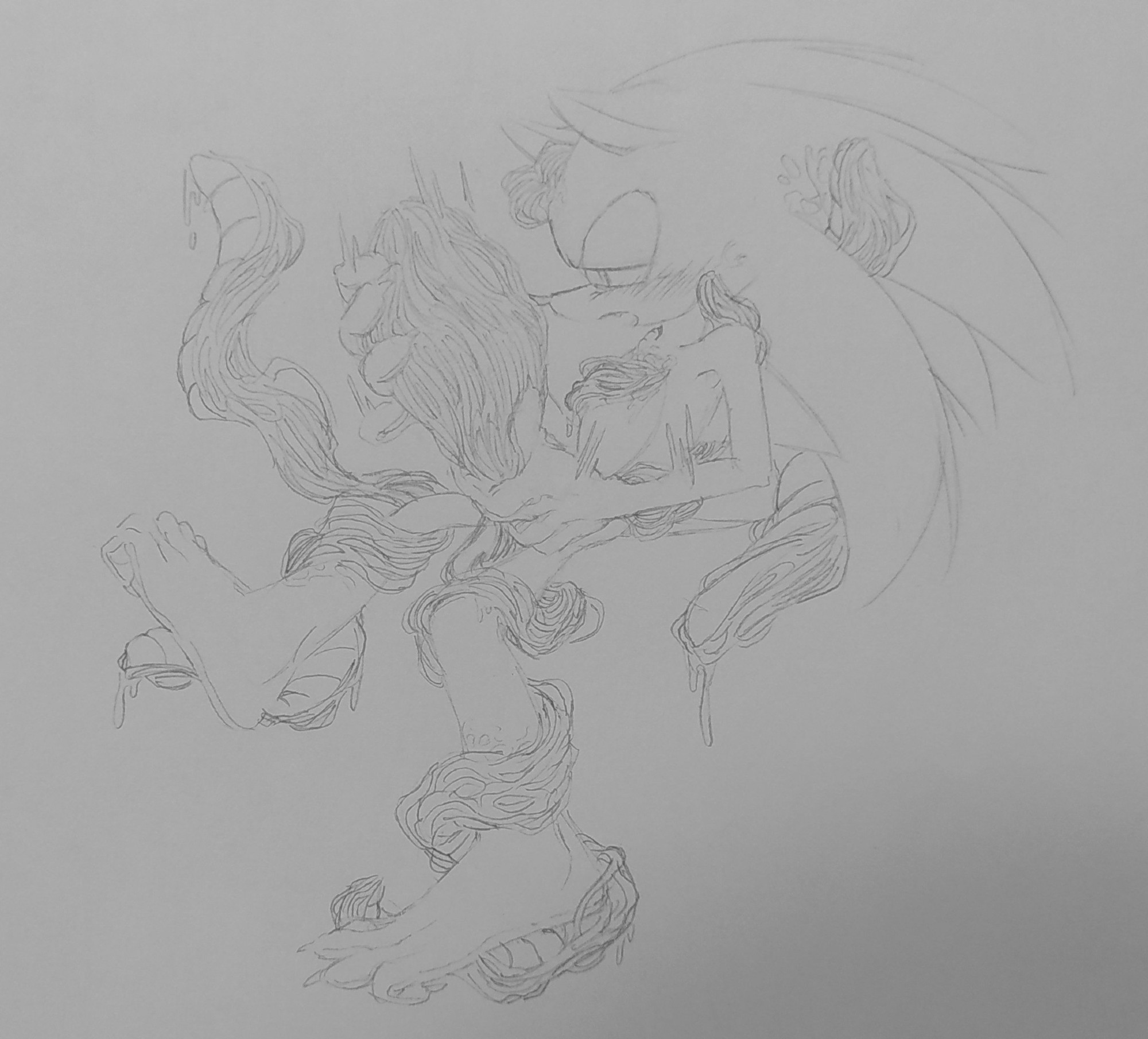 A mechanical pencil drawing of Sonic and Shadow in his doom morph form.
Sonic is sitting down, holding onto Shadow tightly with both hands and raising him up and down. His hand is hiding it but he is definitely sliding Shadow on his penis.
Shadow's dripping tentacles are wrapping around Sonic. 
He has one wrapped around each leg, one sliding on his chest, two coming behind his head to wrap around his quills and spread slick on the side of his face, another one is teasing inside his right ear while a few other tentacles are flailing around.
Sonic is looking at Shadow with lidded eyes, his face slightly scrunched in focus. He is blushing a lot and his mouth his open. Probably moaning and breathing loudly.
It's difficult to read Shadow's expression in this form but his eyes aren't very open. He is probably in a similar state as Sonic.

Happy to be a little fleshlight aren't you Shadow.