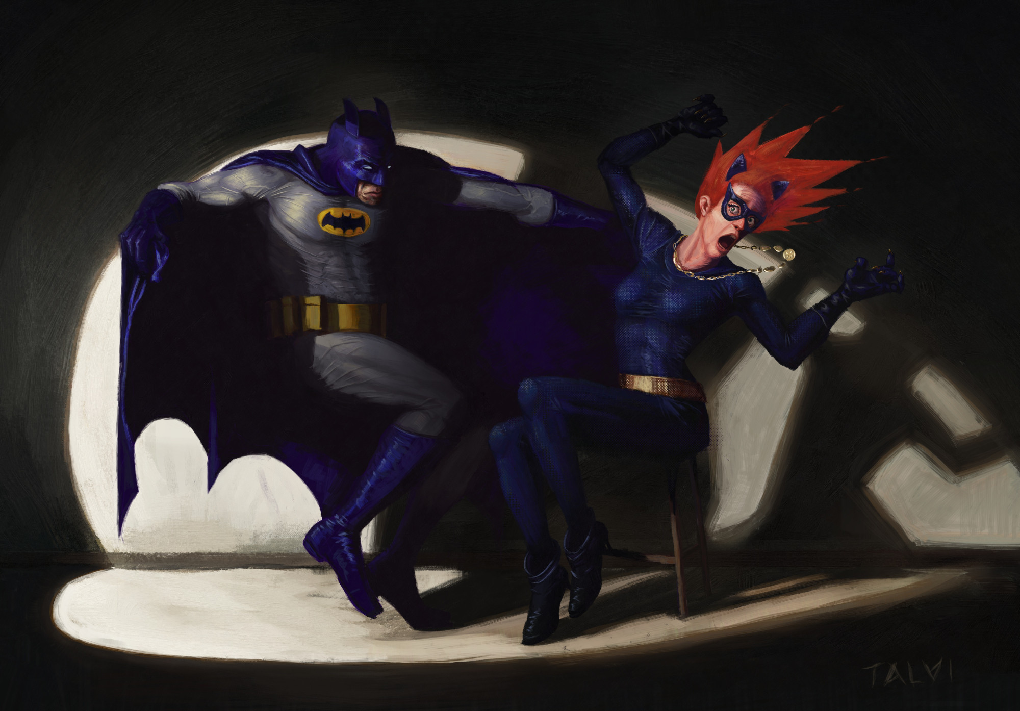 Batman scaring Catwoman in a dark room lit by a single spotlight