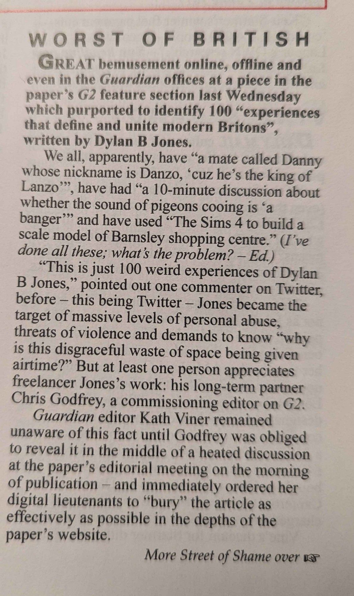 A photo of an article claiming the writer of the terrible "100 experiences that define and unite modern Britons" was written by the long term partner of the G2 commissioning editor