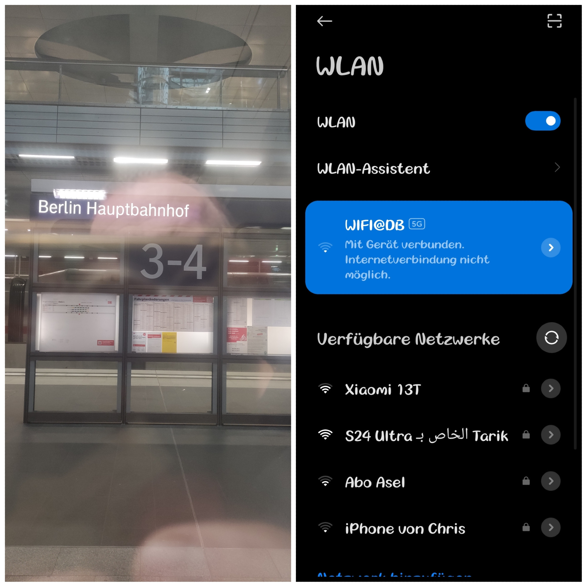 Fotocollage aus zwei Bildern, eins aus der Regionalbahn heraus das den Bahnsteig im Berliner Hauptbahnhof zeigt, und eins das die aktuelle WLAN Verfügbarkeit zeigt. Nämlich keine Internetverbindung.