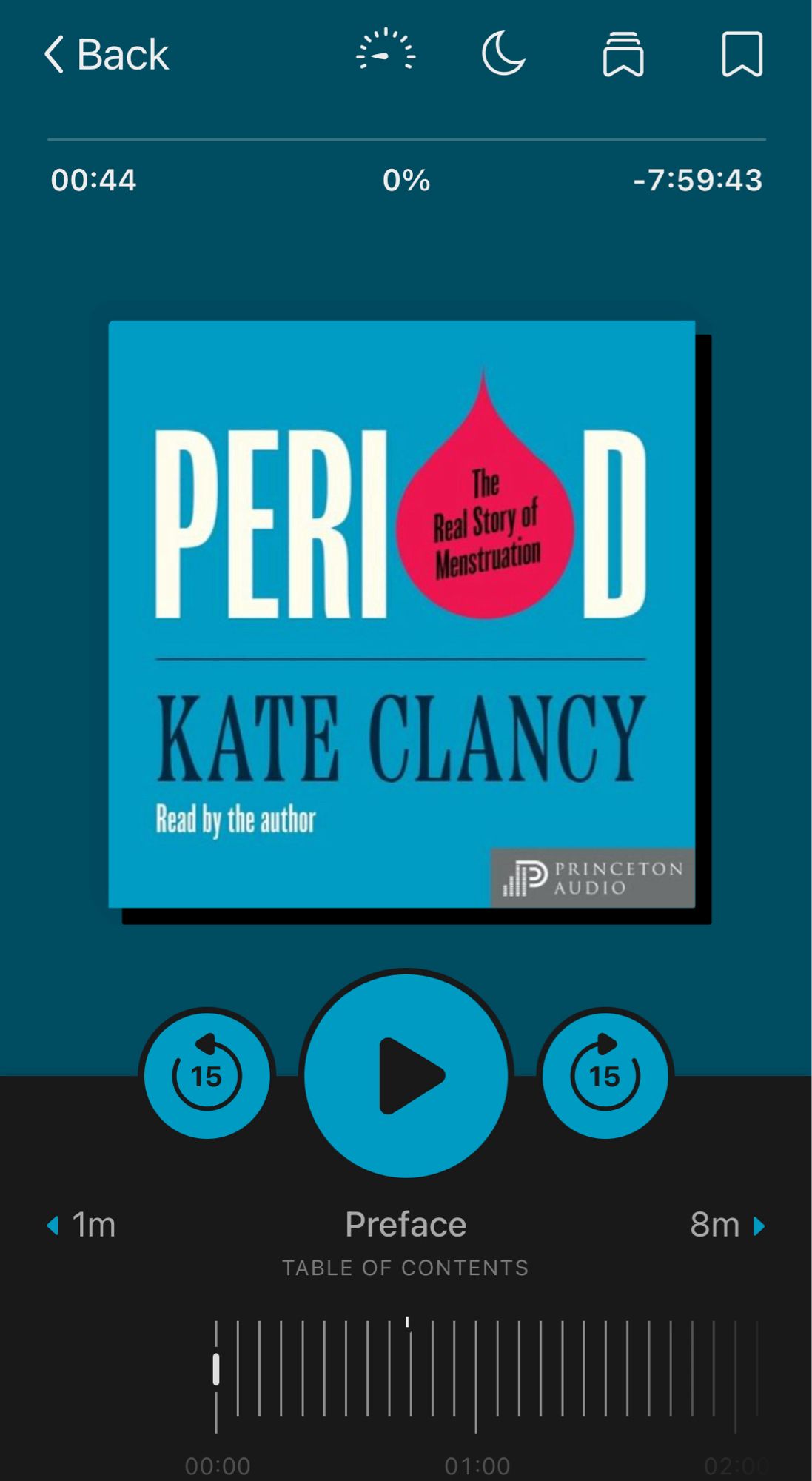 Libby audiobook screen, showing I am 44 seconds into Period: The Real Story of Menstruation by Kate Clancy.