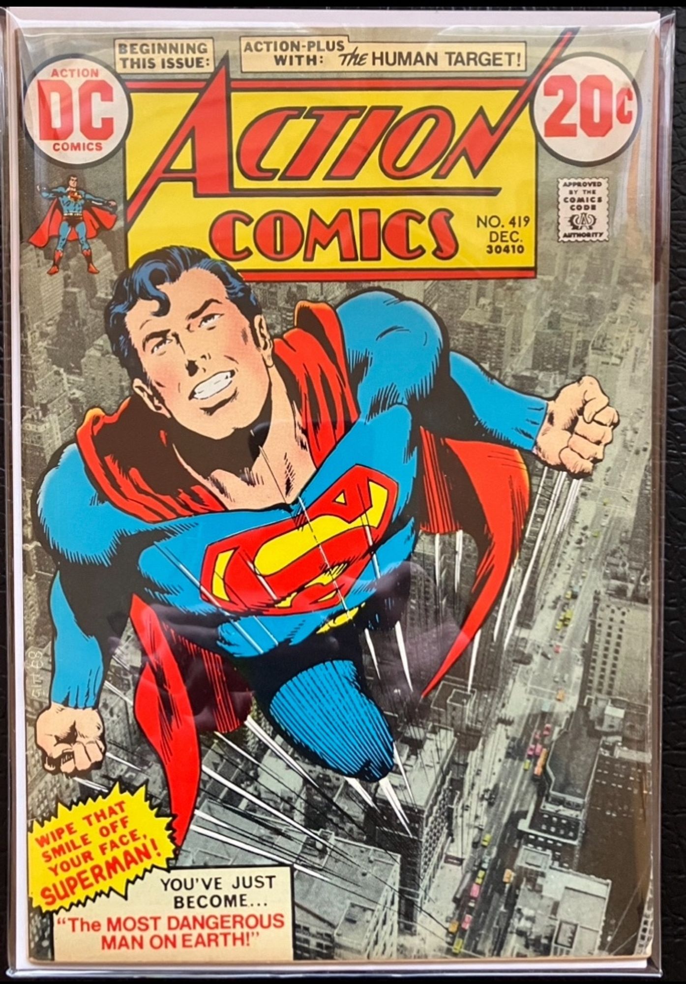 Action Comics #419. Superman cover art with photographic background by Neal Adams