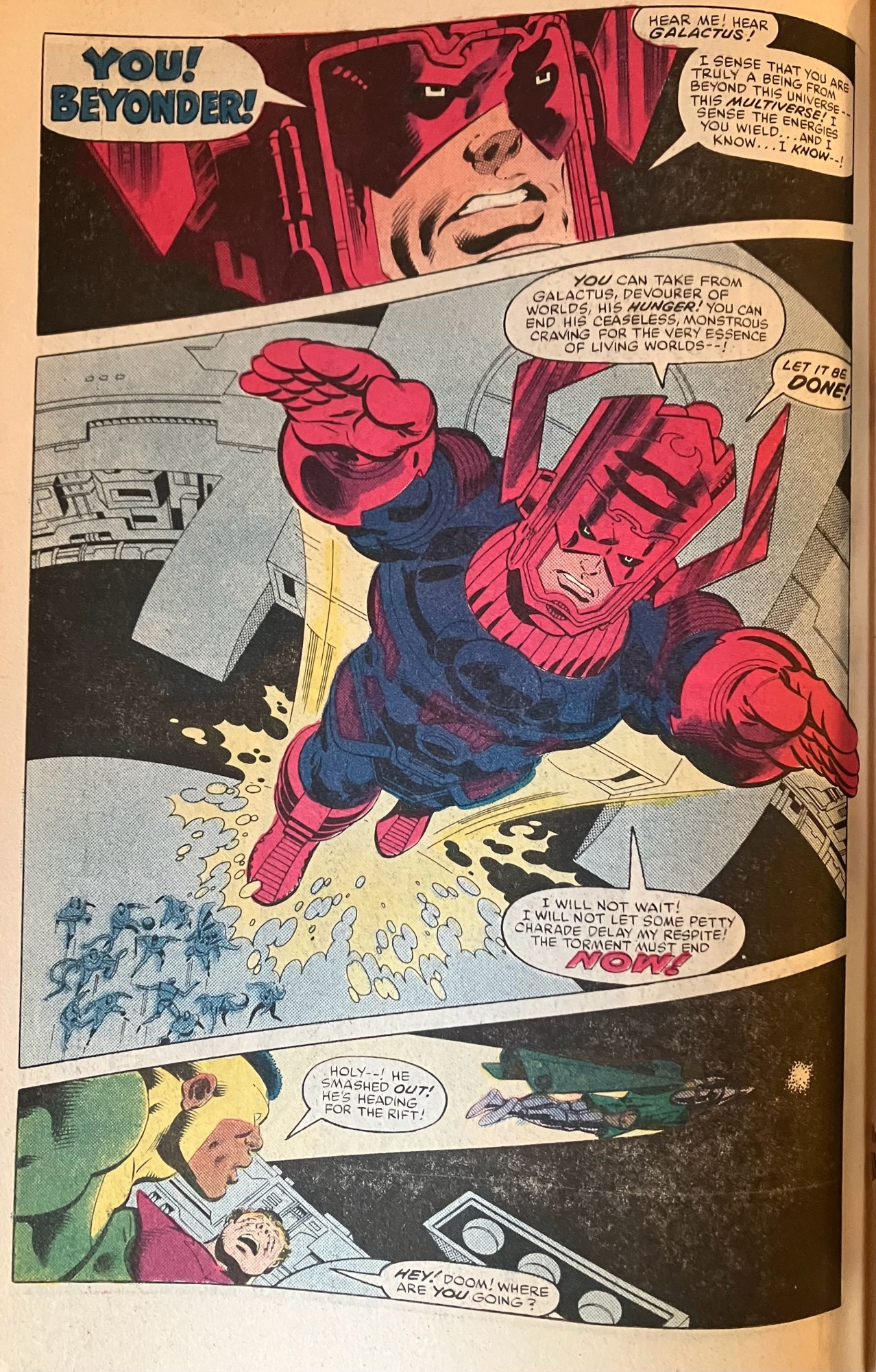 SW #1, interior page. Galactus gets it in his purple noggin that he and the Beyonder should have words. 