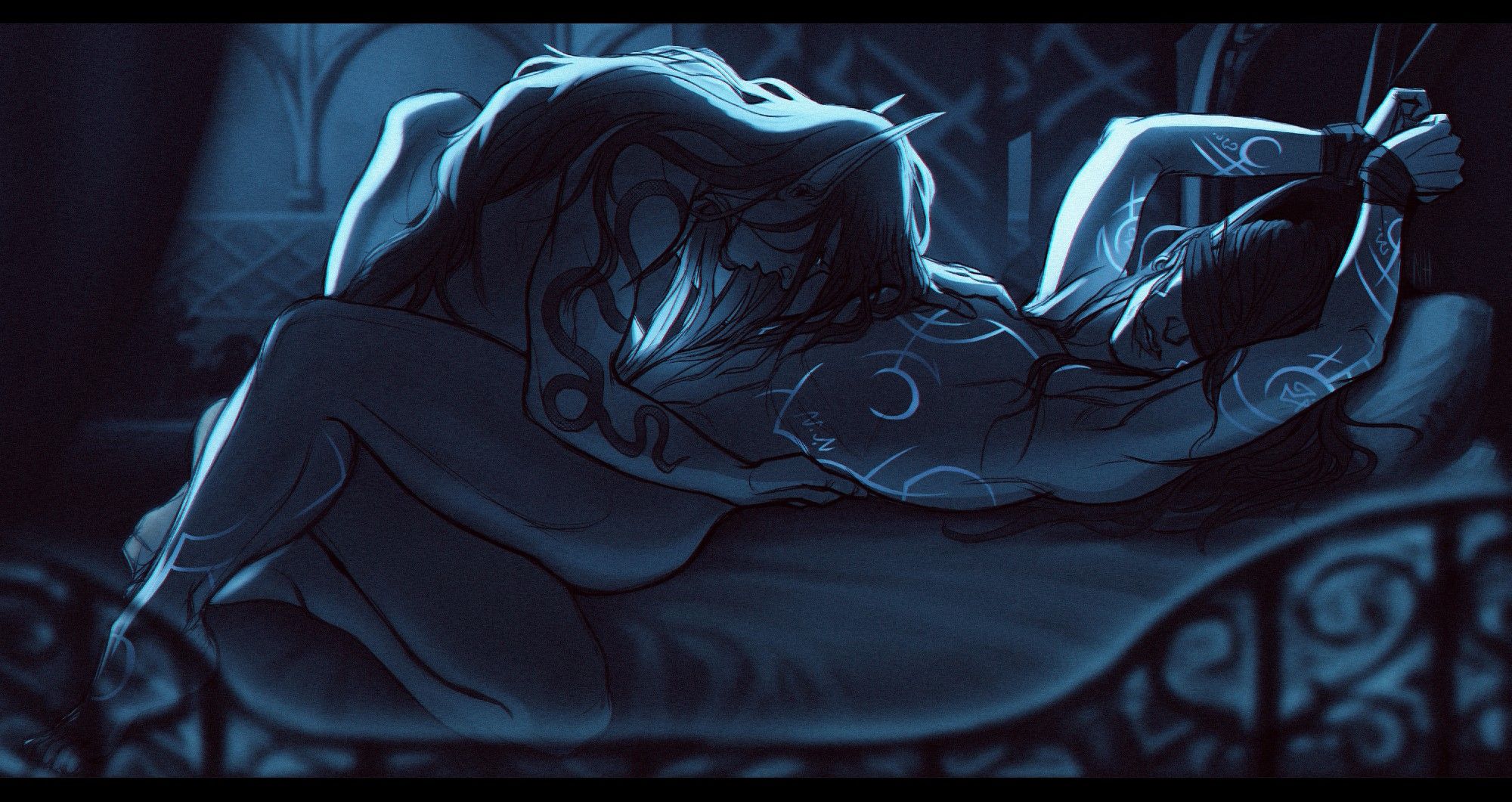 The pic shows two elves. One elf - shaldorei - is blindfolded with his hands tied above his head, lying on back, biting his lower lip, arching slightly at the waist, and wrapping his legs around the blood elf's waist. Sindorei is kneeling over the nightborne, gently supporting him by the lower back and caressing his chest with a free hand.