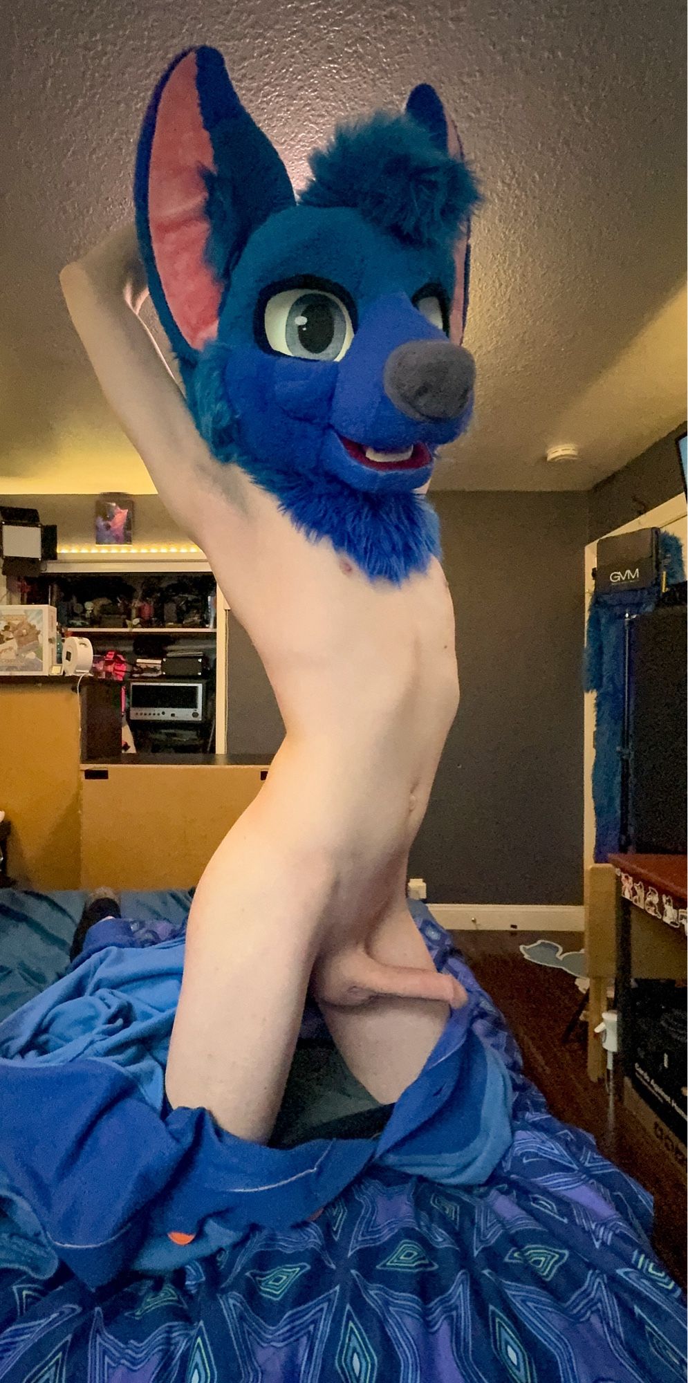 Syber stretching, kigu fallen off his body onto the bed, exposing his nude body with dick hard sticking out, and showing a little butt