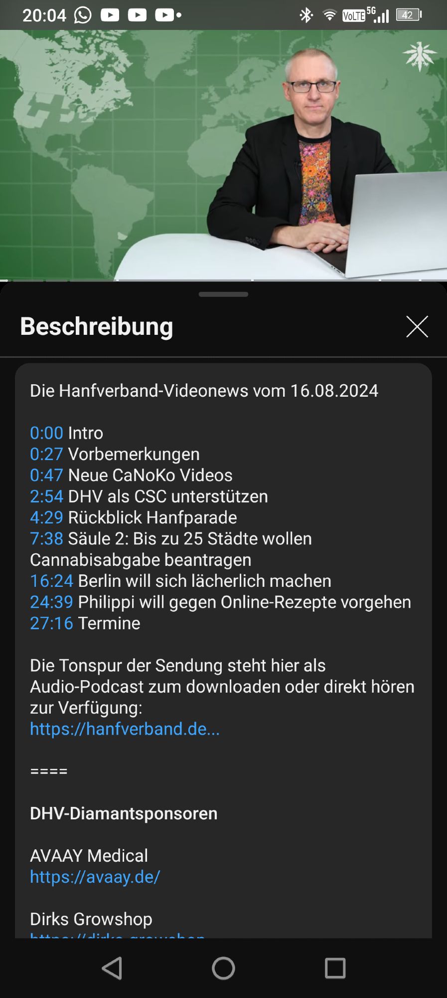 Die Hanfverband-Videonews vom 16.08.2024

0:00 Intro
0:27 Vorbemerkungen
0:47 Neue CaNoKo Videos
2:54 DHV als CSC unterstützen
4:29 Rückblick Hanfparade
7:38 Säule 2: Bis zu 25 Städte wollen Cannabisabgabe beantragen
16:24 Berlin will sich lächerlich machen
24:39 Philippi will gegen Online-Rezepte vorgehen
27:16 Termine