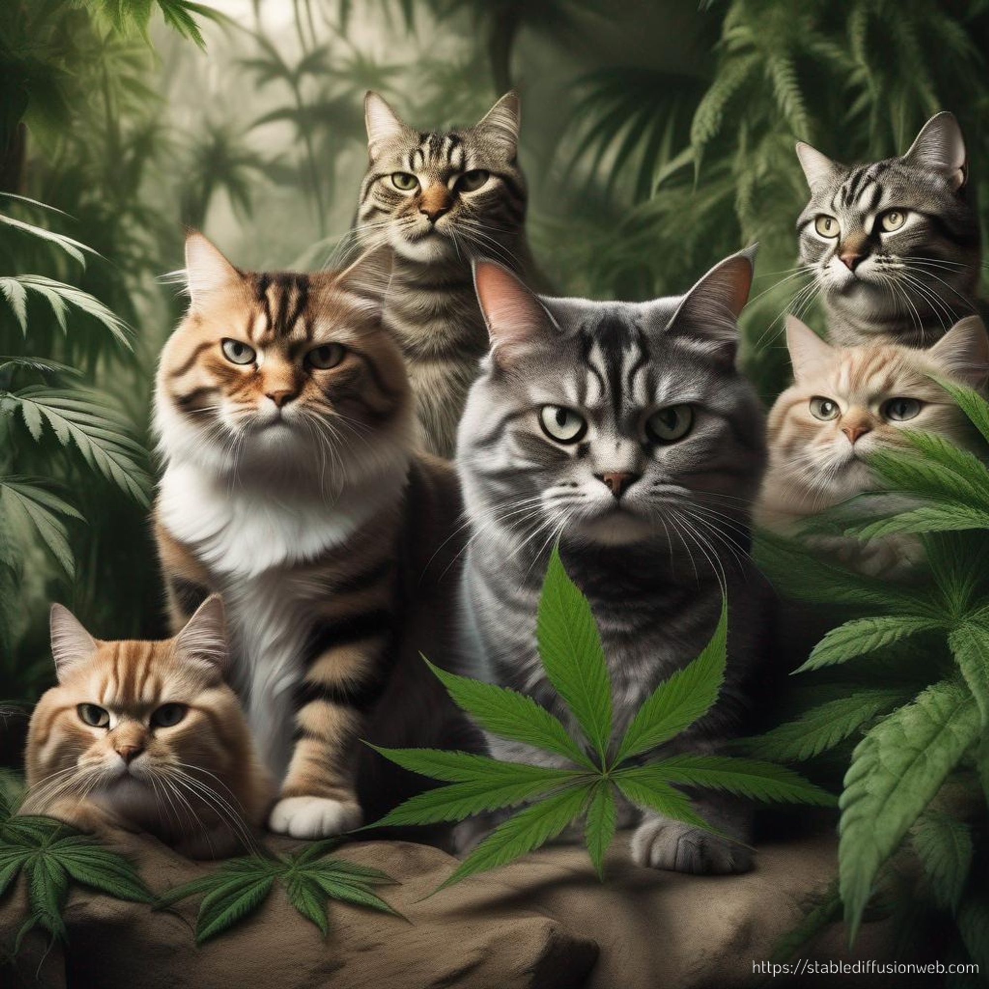 Eine Bande Kater lungert im Cannabiswald herum