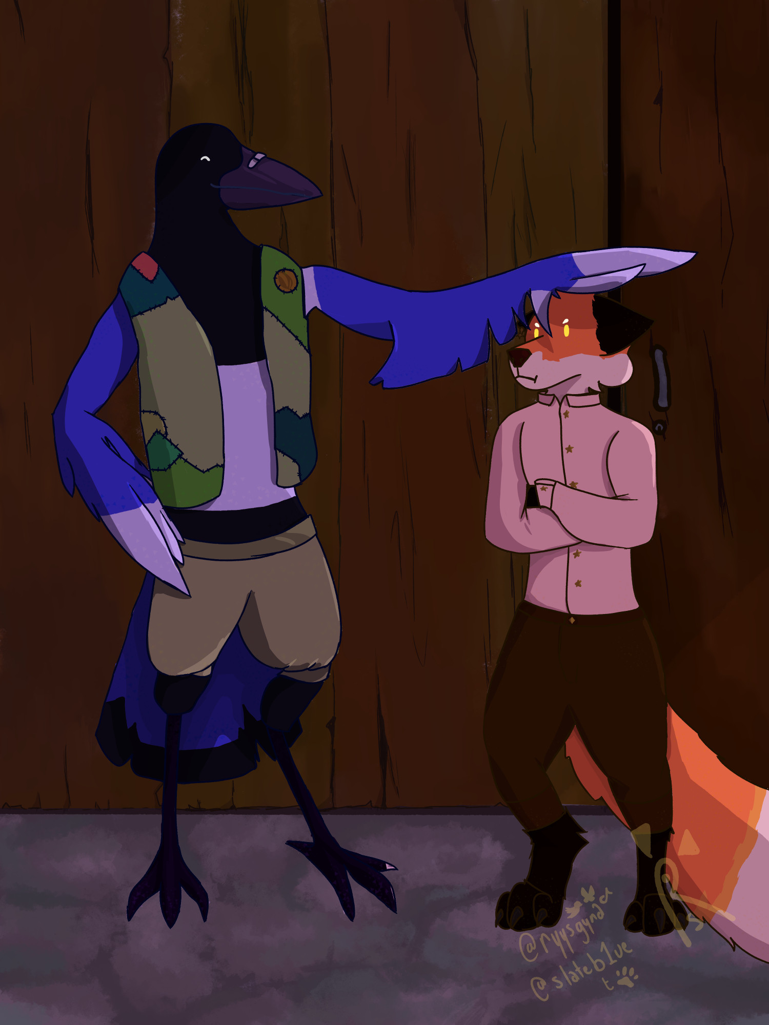 Celia (an oriental magpie with simplified feather patterns, wearing an open patchwork vest and worn shorts) holding one wing above Ryys's (Red fox wearing a white collared shirt and brown pants.) head, poking fun at how short Ryys is.