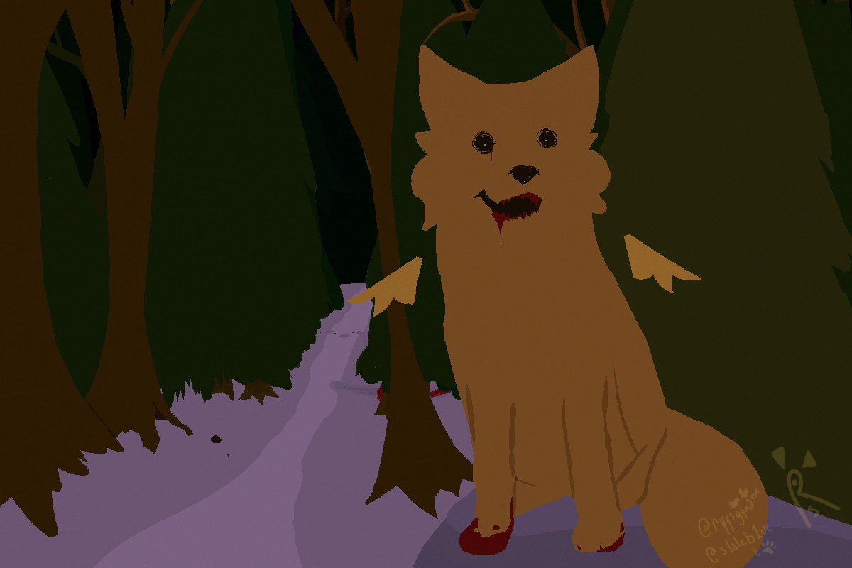 A fox, silhouetted in dark yellow with small detatched wings sits in the foreground atop a rock. The background consists of a coniferous forest in dirty greens and dark browns amidst a snowy ground. There is a trail of blood cutting into the treeline, matching the dripping blood on the fox's mouth and paws.