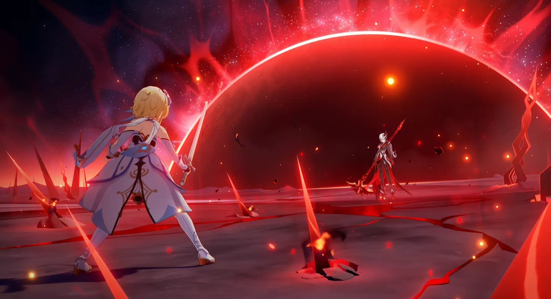 blonde girl standing before a large crimson moon and crimson woman with a scythe