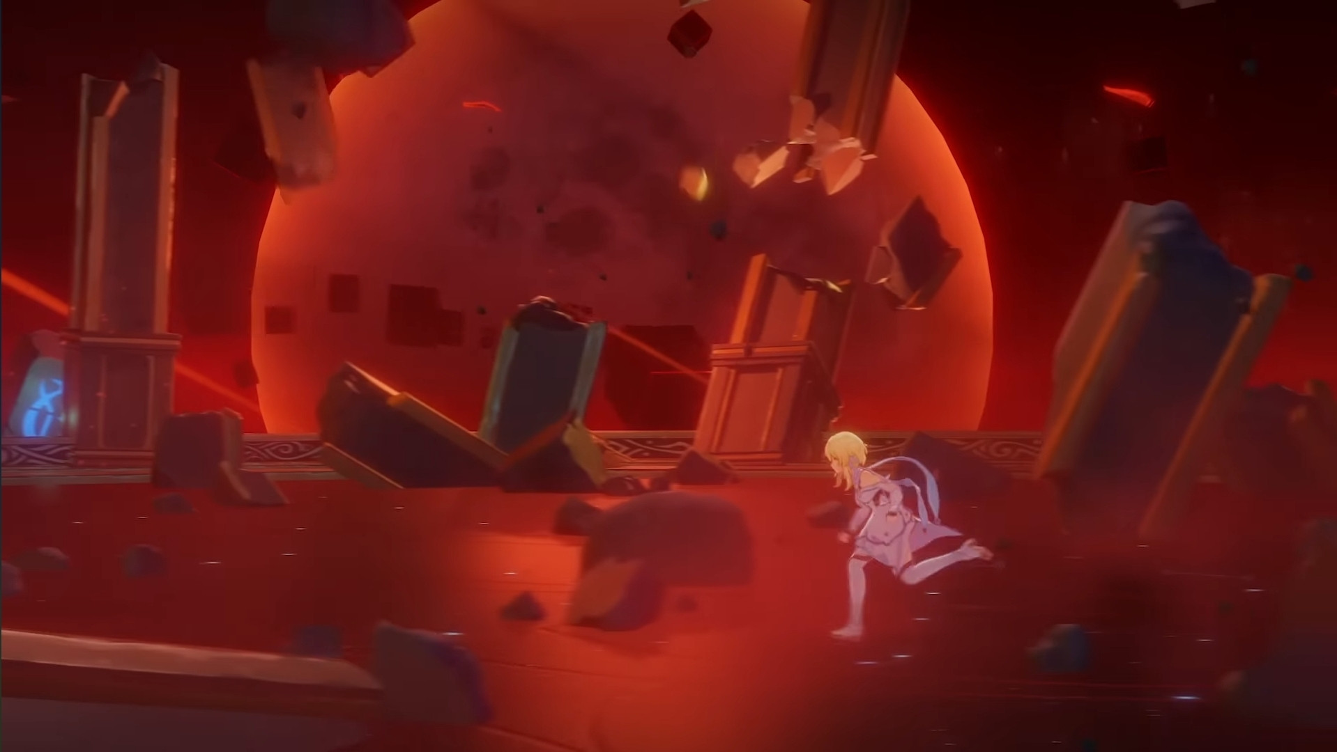 blonde character running across a destroyed landscape, crimson moon in the background 