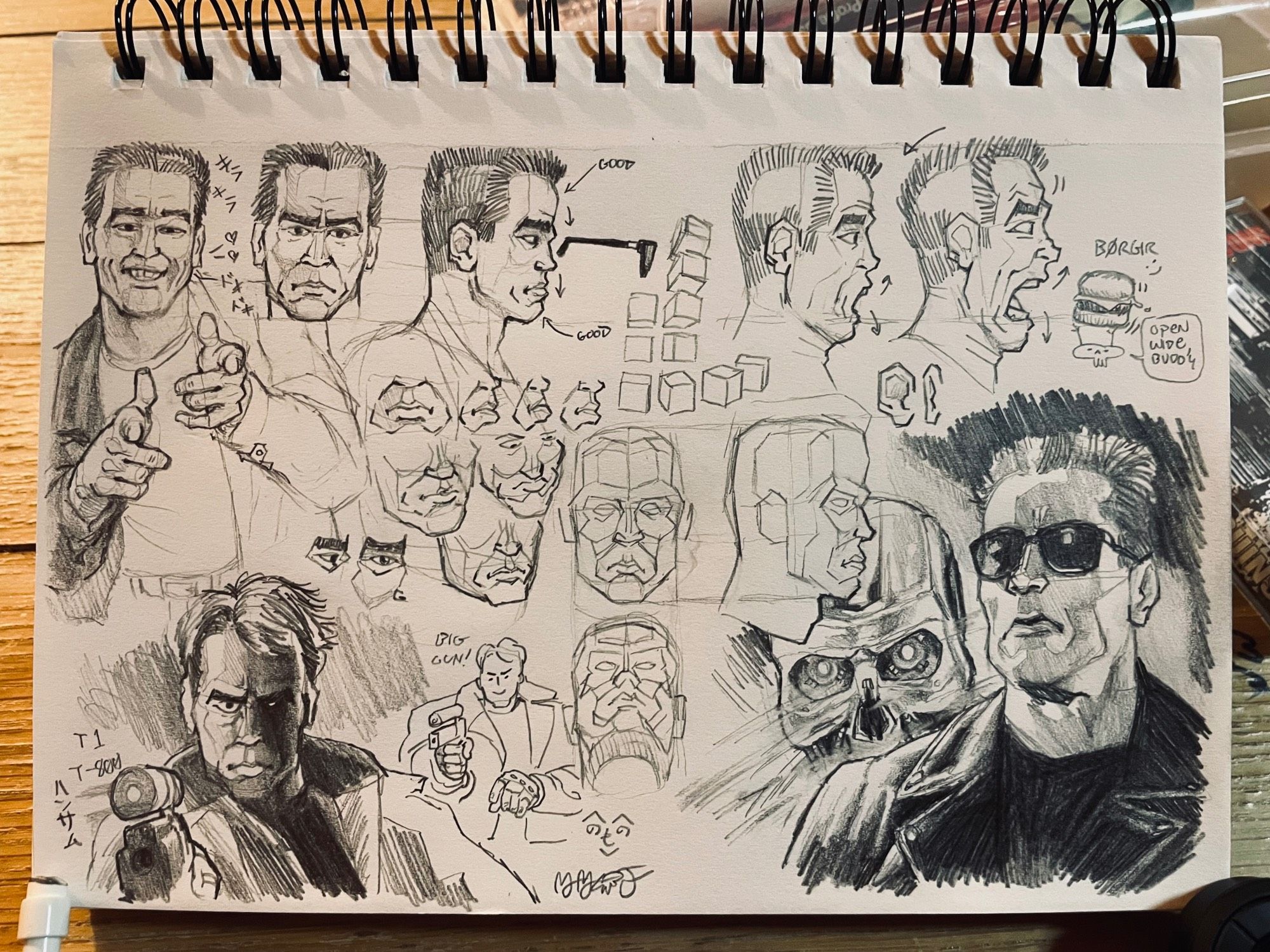 A page of sketches, mainly construction studies/exercise featuring Arnold Schwarzenegger's face as seen in Terminators 1 and 2