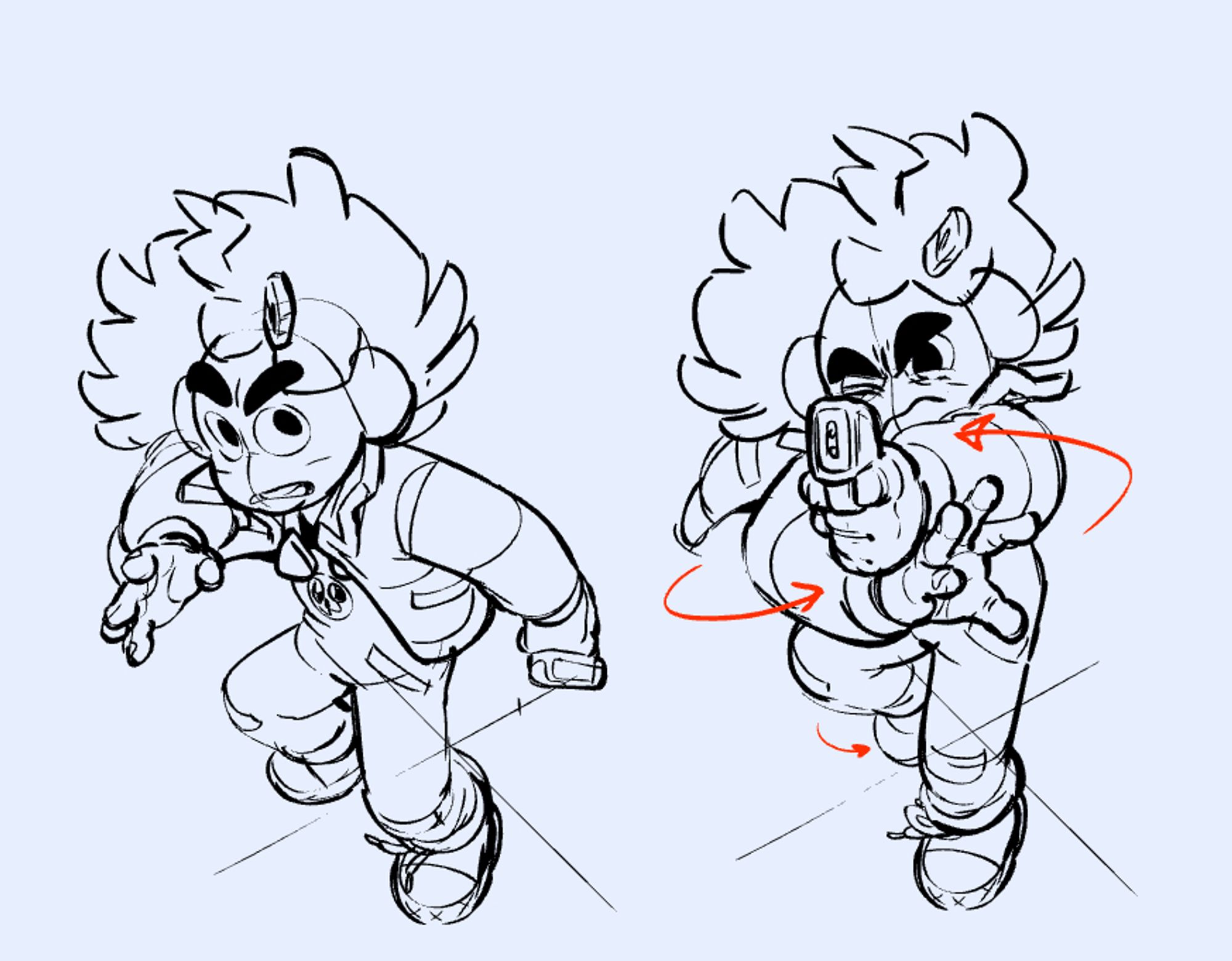 Two pose sketch of Spike McCaulkey, a young girl wielding a magic squirt gun.