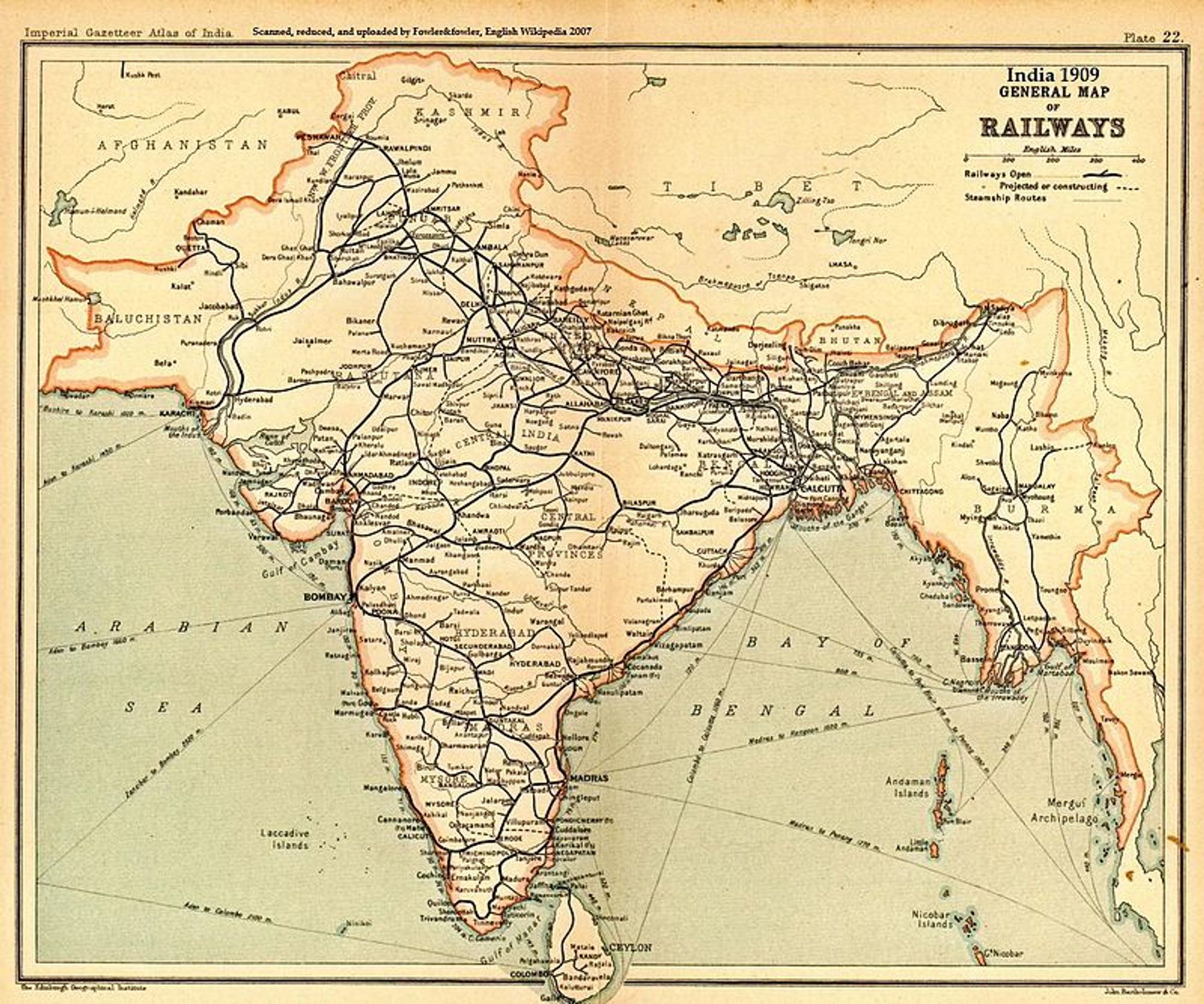 Indien ist schon etwas GRÖ?R als Deutschland
also SPANNEND
Ausbau 1840 (Planstart) 1853 Baubeginn bis 1909 Eisenbahn Indien

Bild
John Bartholomew and Company
Edinburgh Geographical Institute
Gemeeinfrei