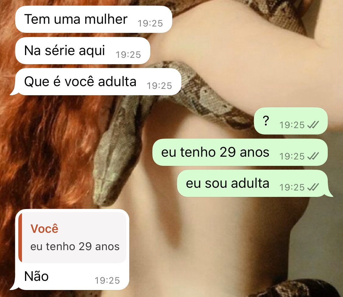 print do whatsapp. a: tem uma mulher na serie aqui que é você adulta. b: ahn? eu tenho 29 anos, eu sou adulta. a, subscrevendo a fala “eu tenho 29 anos”, nega, como se fosse uma questão de opinião 