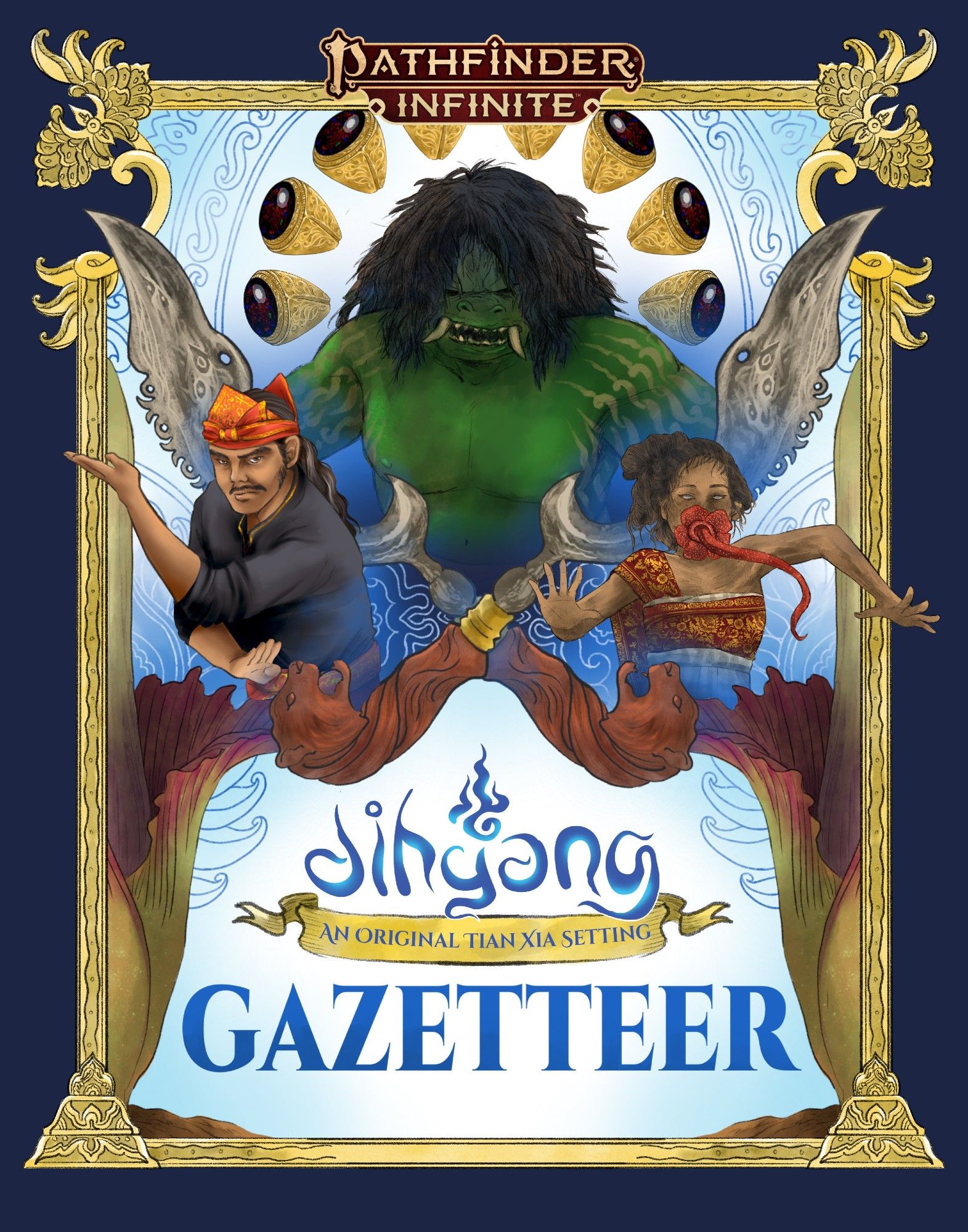 Cover for Dihyang: Gazetteer. It shows:
- Pencak Silat Martial Artist
- A human woman infected by a Jaw of Rangda, a parasitic flower.
- Rangda's Bloom, a flower based on the Titan Arum flower.
- Kujang knives.
- Batu Akik gemstone rings.
- Buto Ijo lelembut monster.