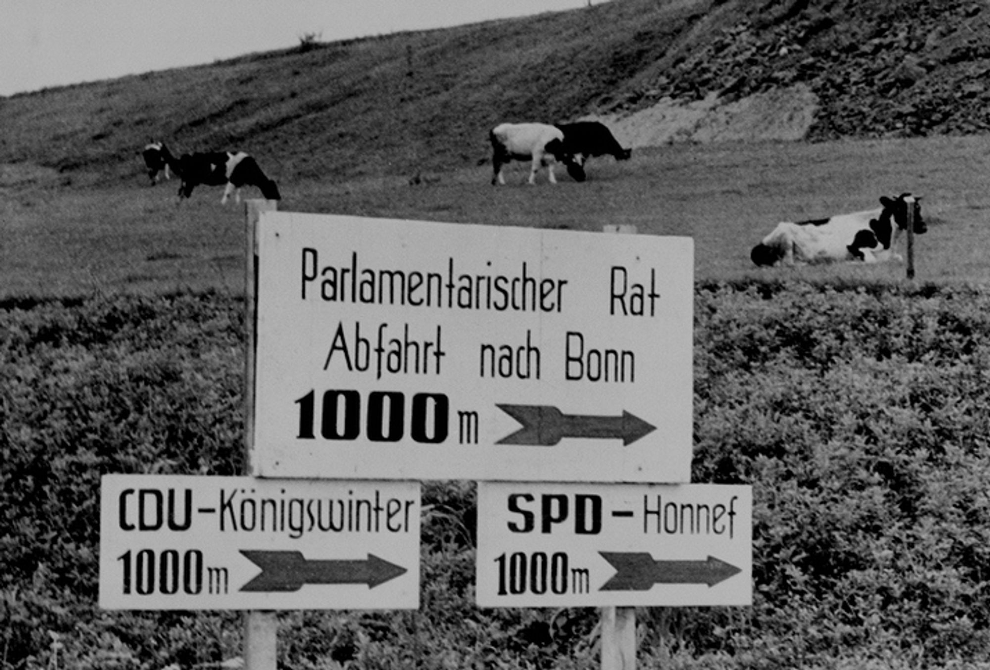 Verkehrsschild für die Anfahrt zum Parlamentarischen Rat bei Bonn 1949. Wikimedia Commons, © CC BY-SA 3.0