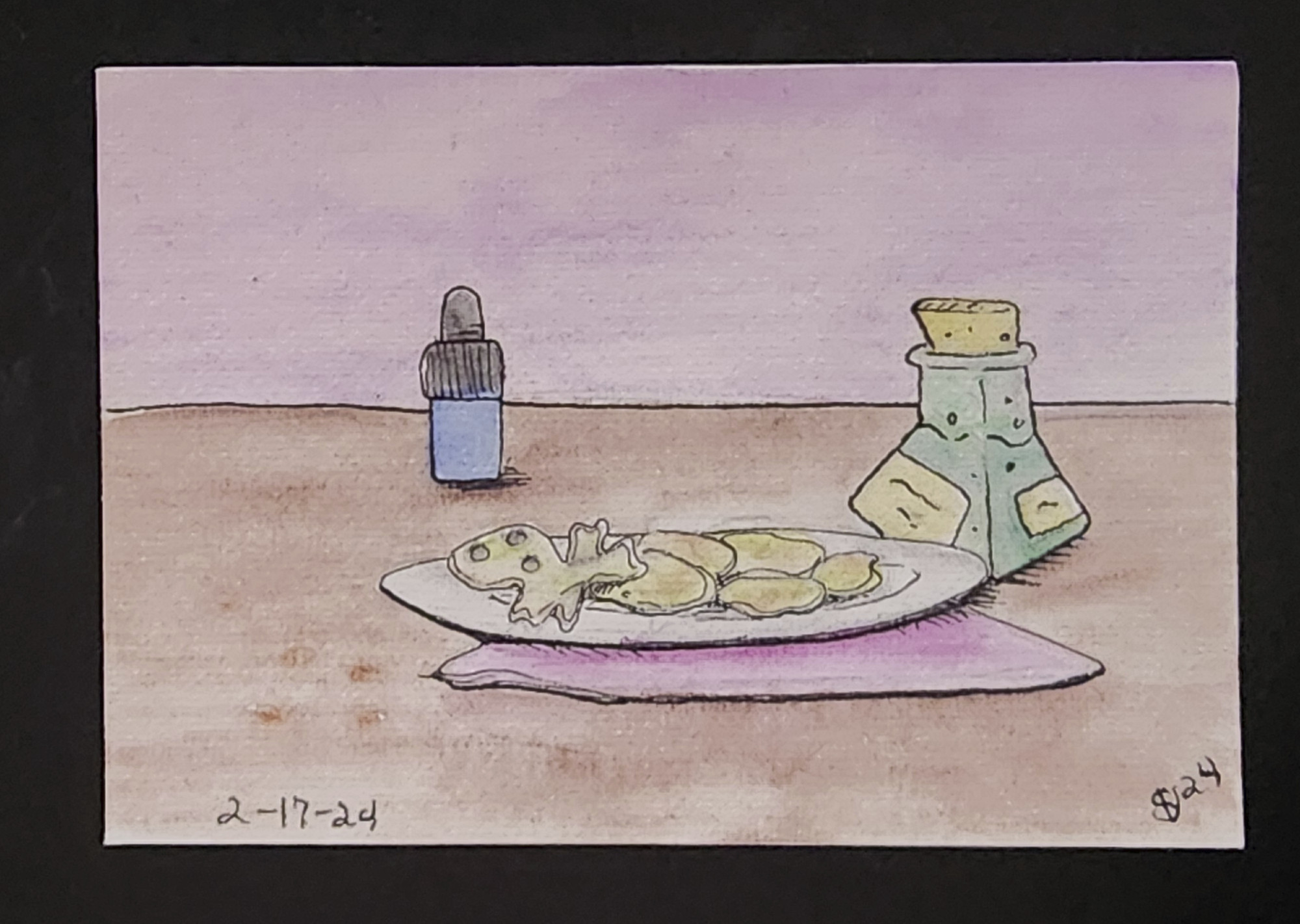 Watercolor painting of a tray of poisoned skull cookies next to a bottle of the poison and a bottle of the antidote.