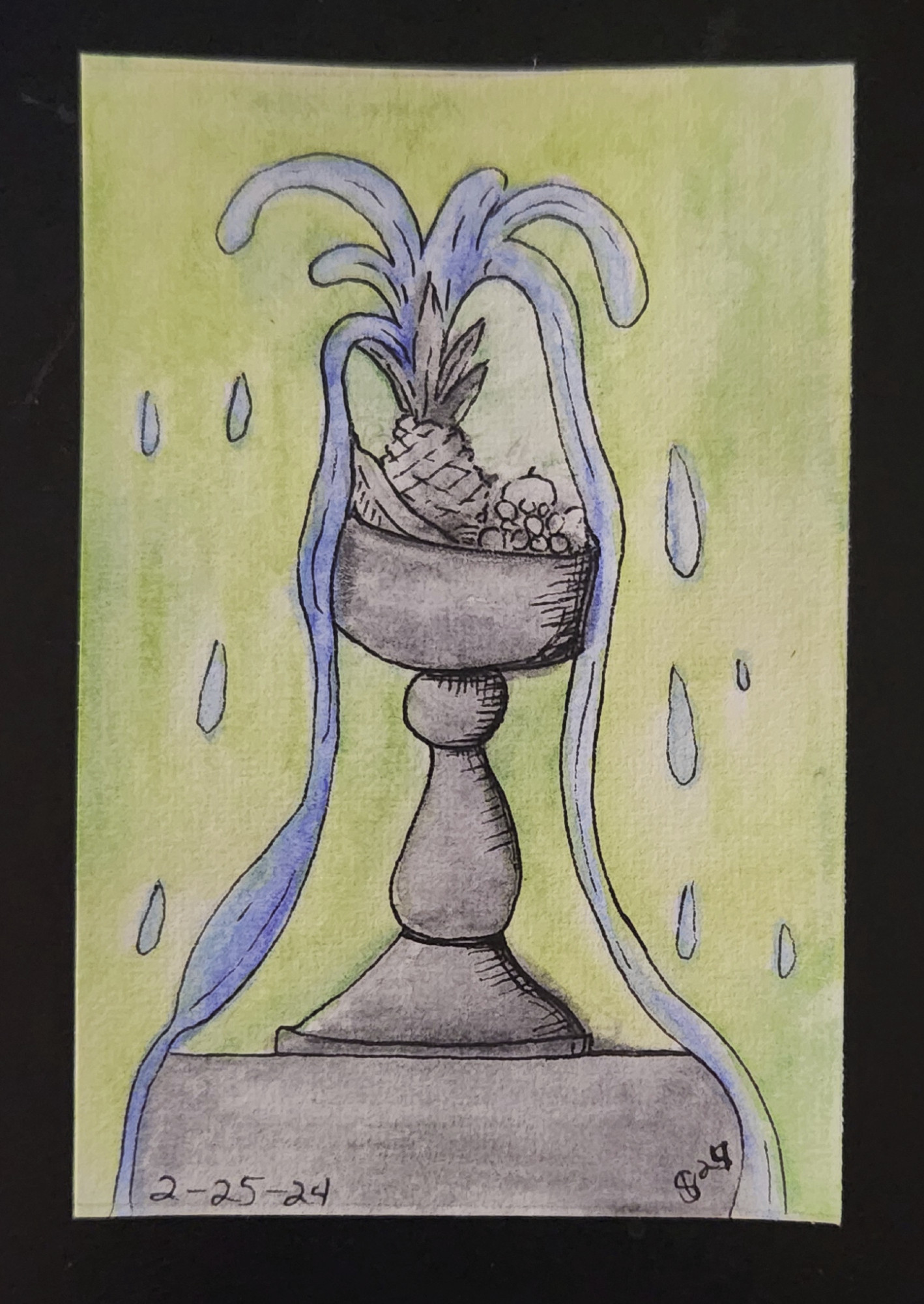 Watercolor painting of a stone fruit basket themed water fountain