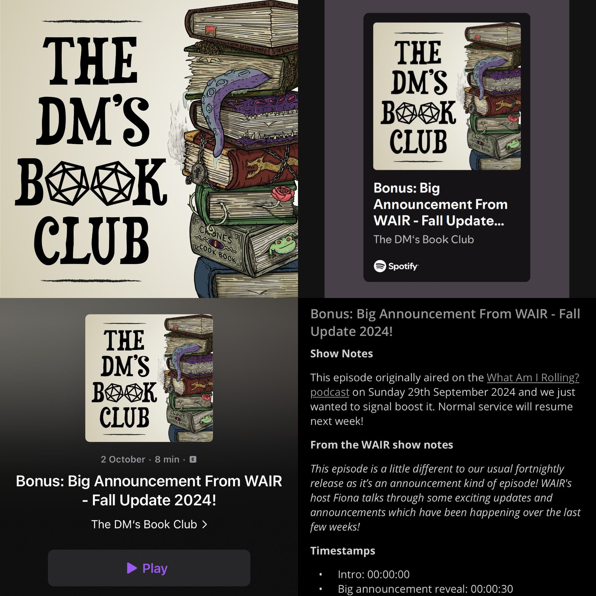 Social graphic composed of screenshots showing the latest episode of The DM’s Book Club being out on podcast platforms.