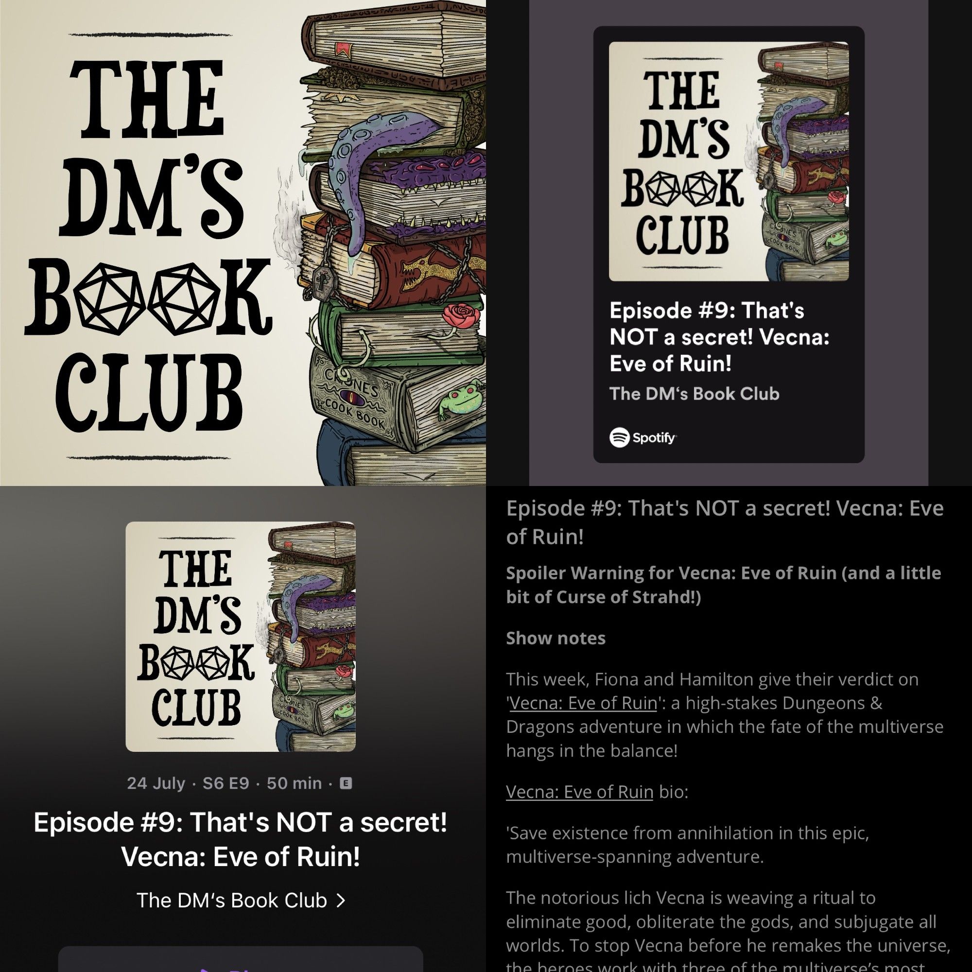 Social graphic composed of screenshots showing the latest episode of The DM’s Book Club being out on podcast platforms.