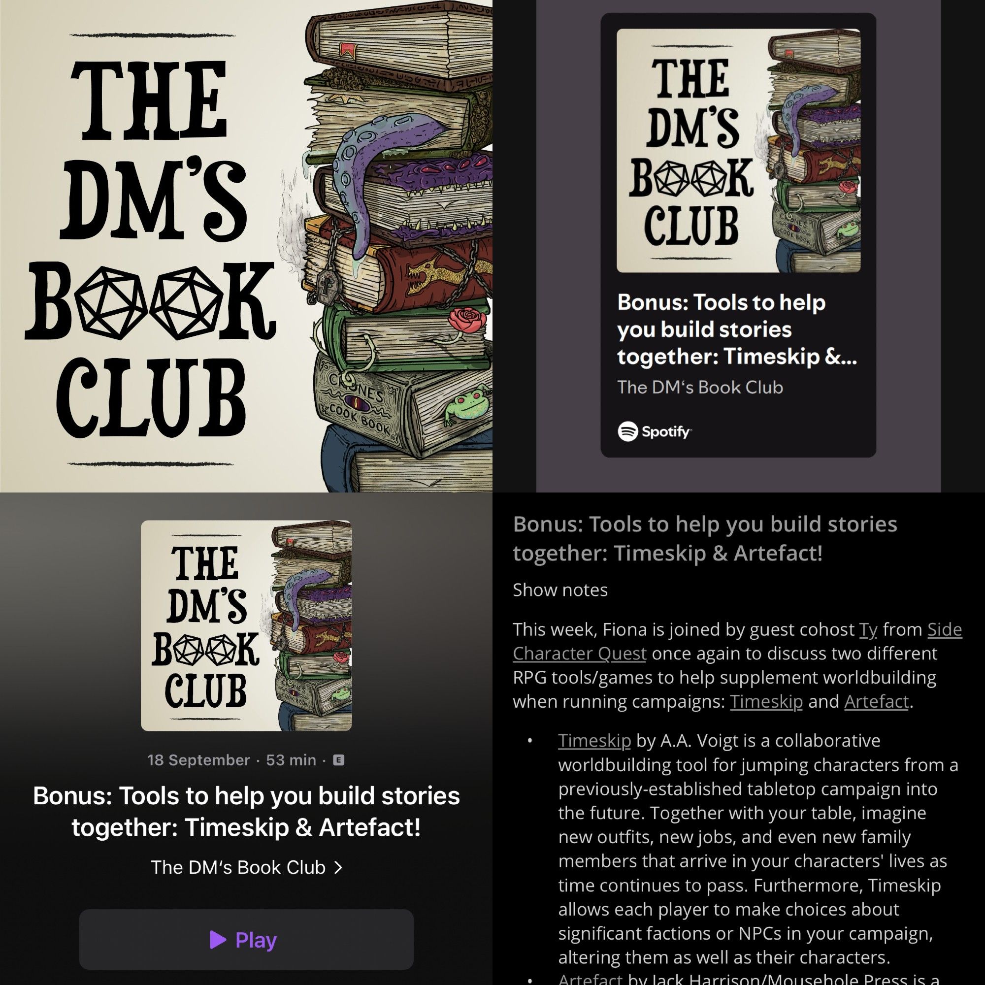 Social graphic composed of screenshots showing the latest episode of The DM’s Book Club being out on podcast platforms.