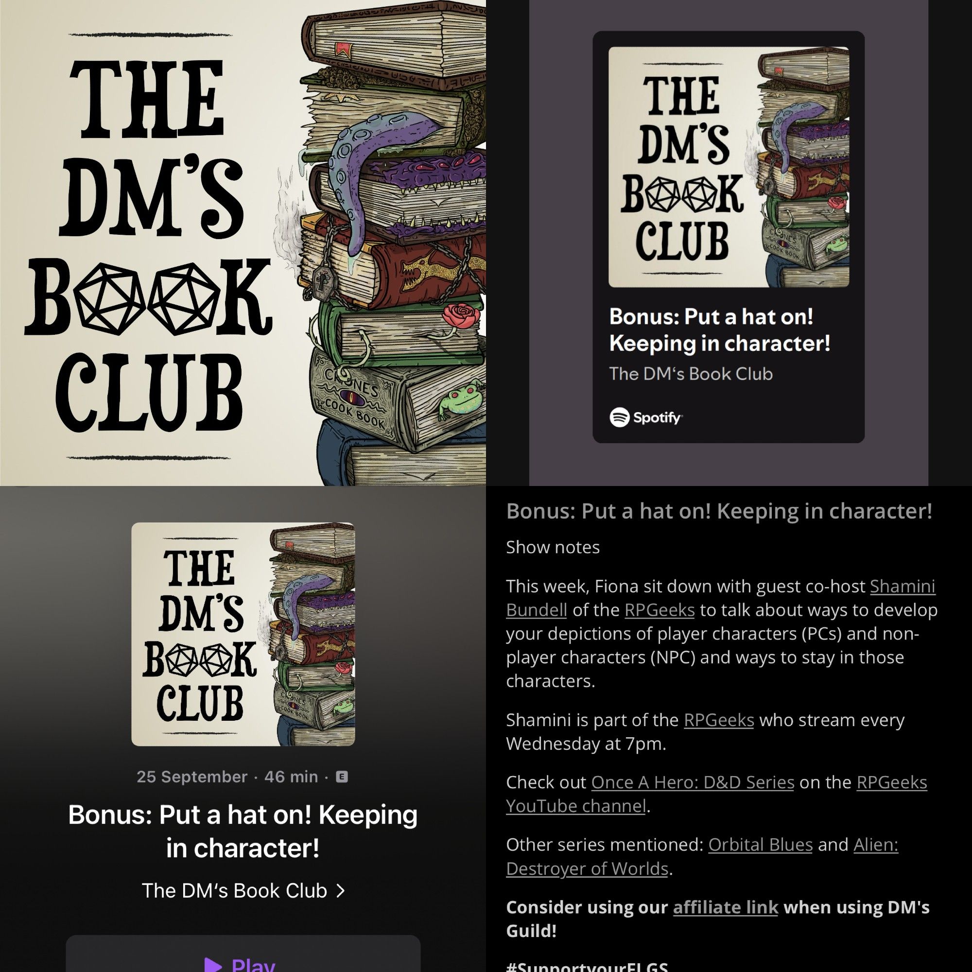 Social graphic composed of screenshots showing the latest episode of The DM’s Book Club being out on podcast platforms.