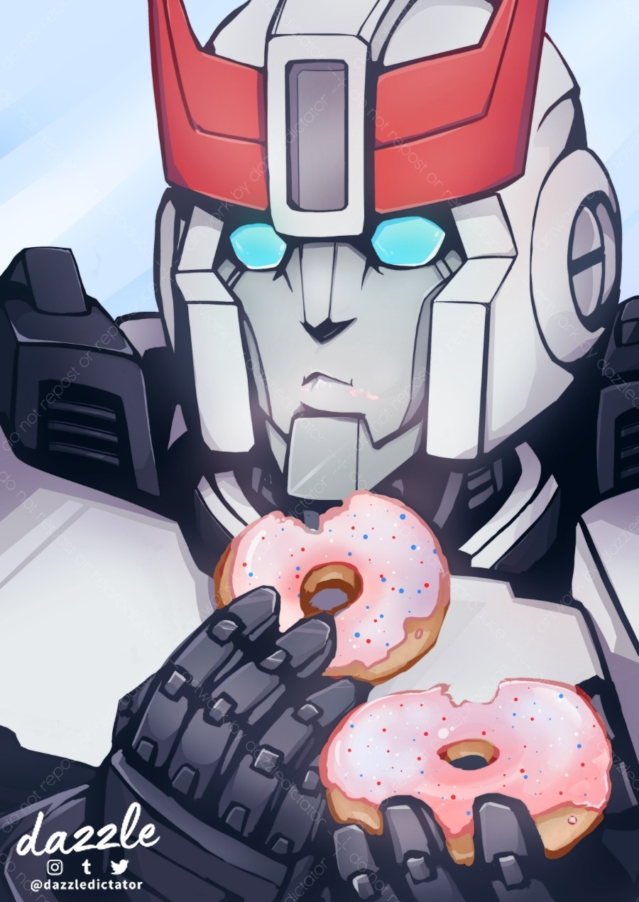 Fanart of Prowl from IDW Transformers comics eating TWO donuts