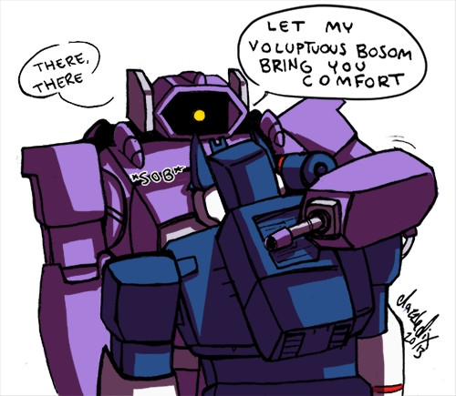 Fan art of Transformers G1 Soundwave and Shockwave. Soundwave is sobbing into Shockwave's chest while Shockwave comforts him with supportive words. Shockwave's speech bubbles read "There, there. Let my voluptuous bosom bring you comfort."