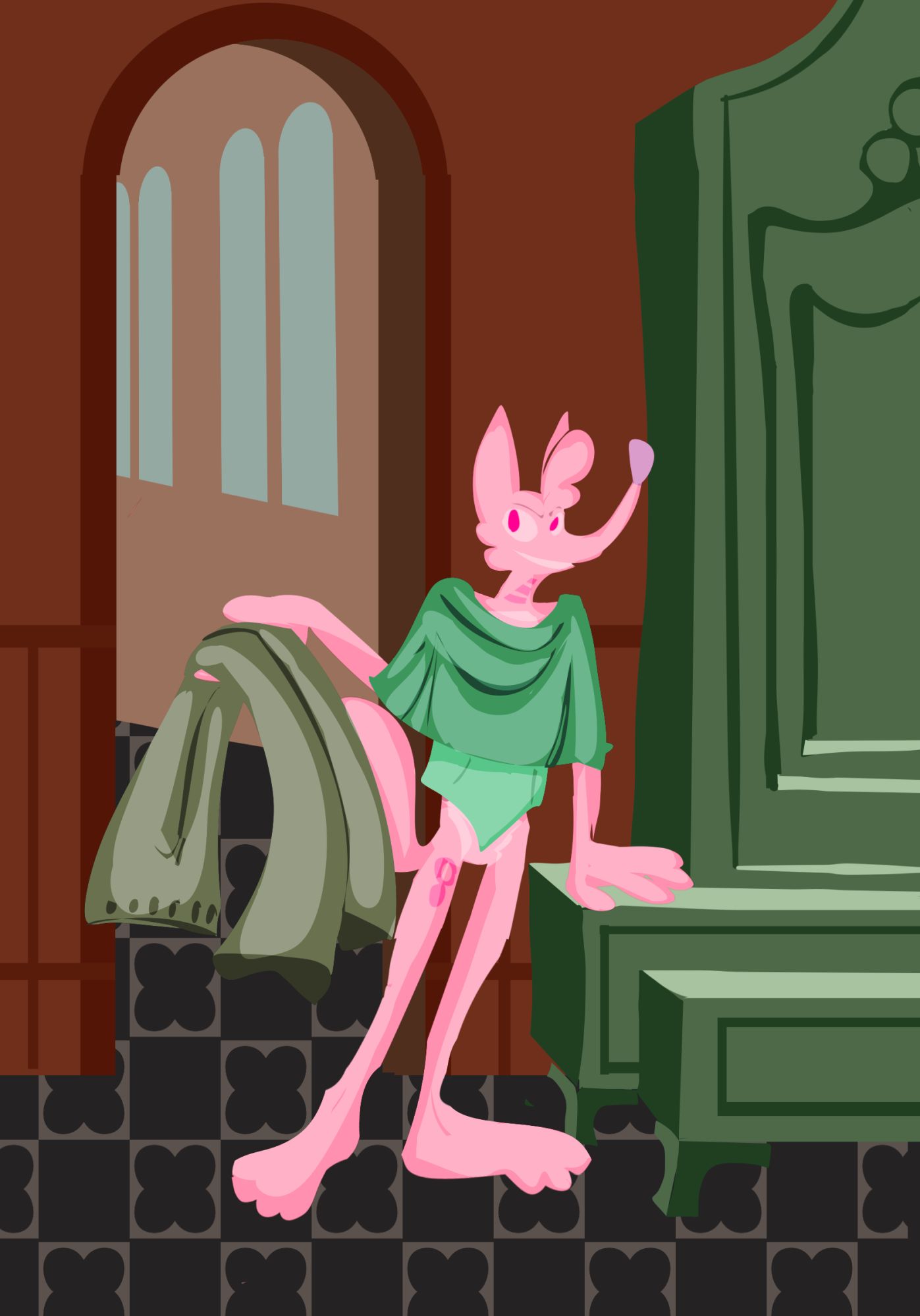 A pink fox holds a pair of pants in an ornate room. They consider going with out them. 